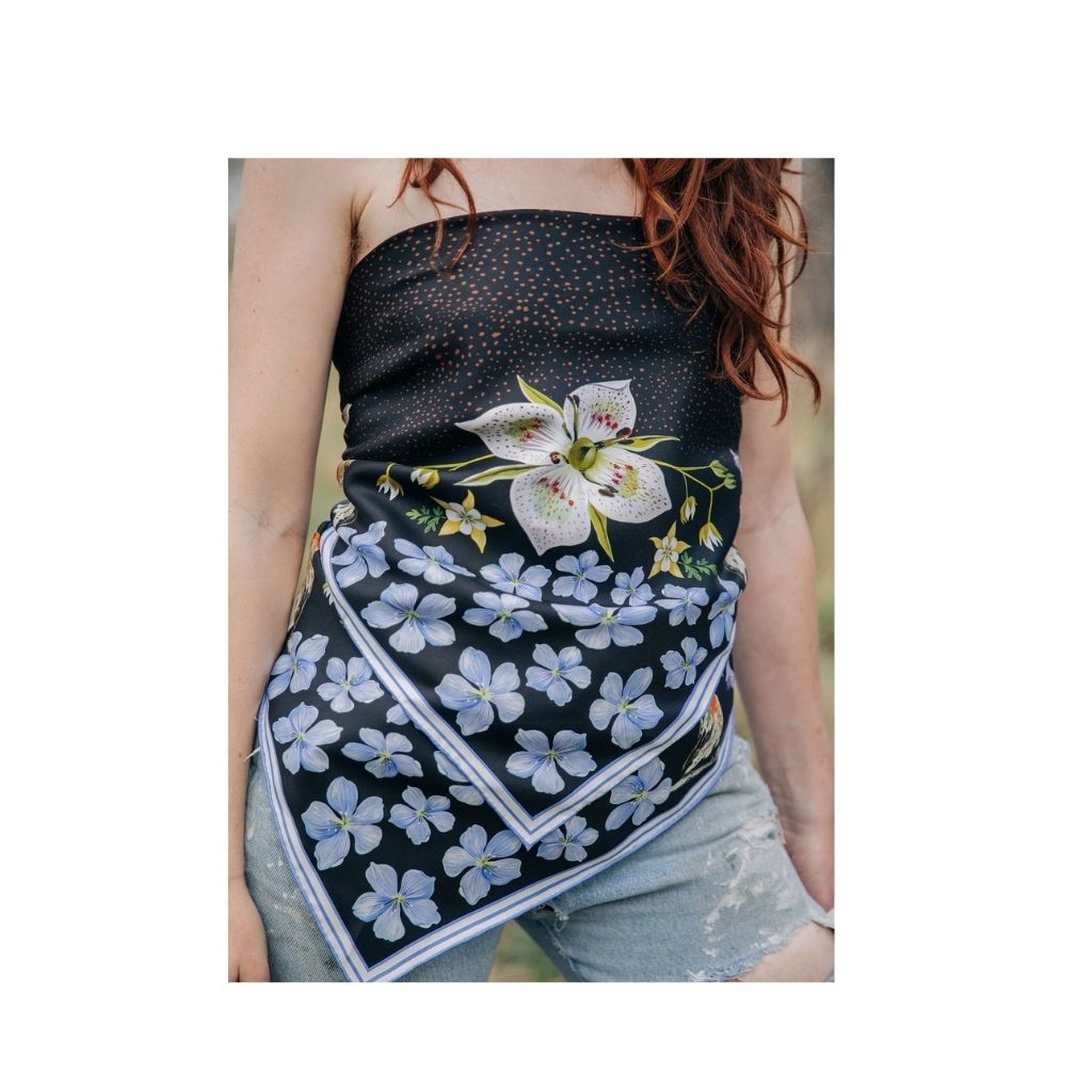 100% Silk Scarf: Black Gentian - Floral Bird Design