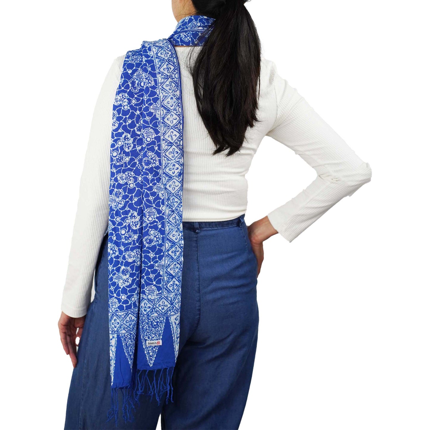 Handmade Batik Scarf, soft Cotton, Boulder, Blue, Light Blue, White