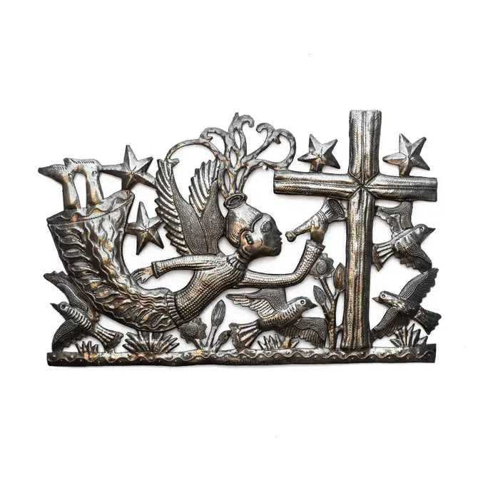 Religious Haitian Sculpture, Angel to Cross, 18.5