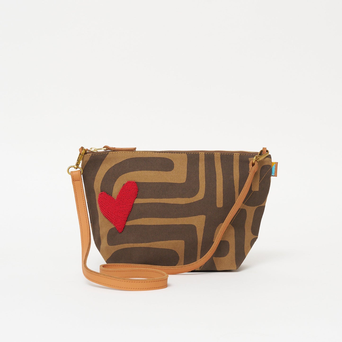 XLarge Convertible Pouch - Mocha Kuba with Red Beaded Heart with Short Leather Strap