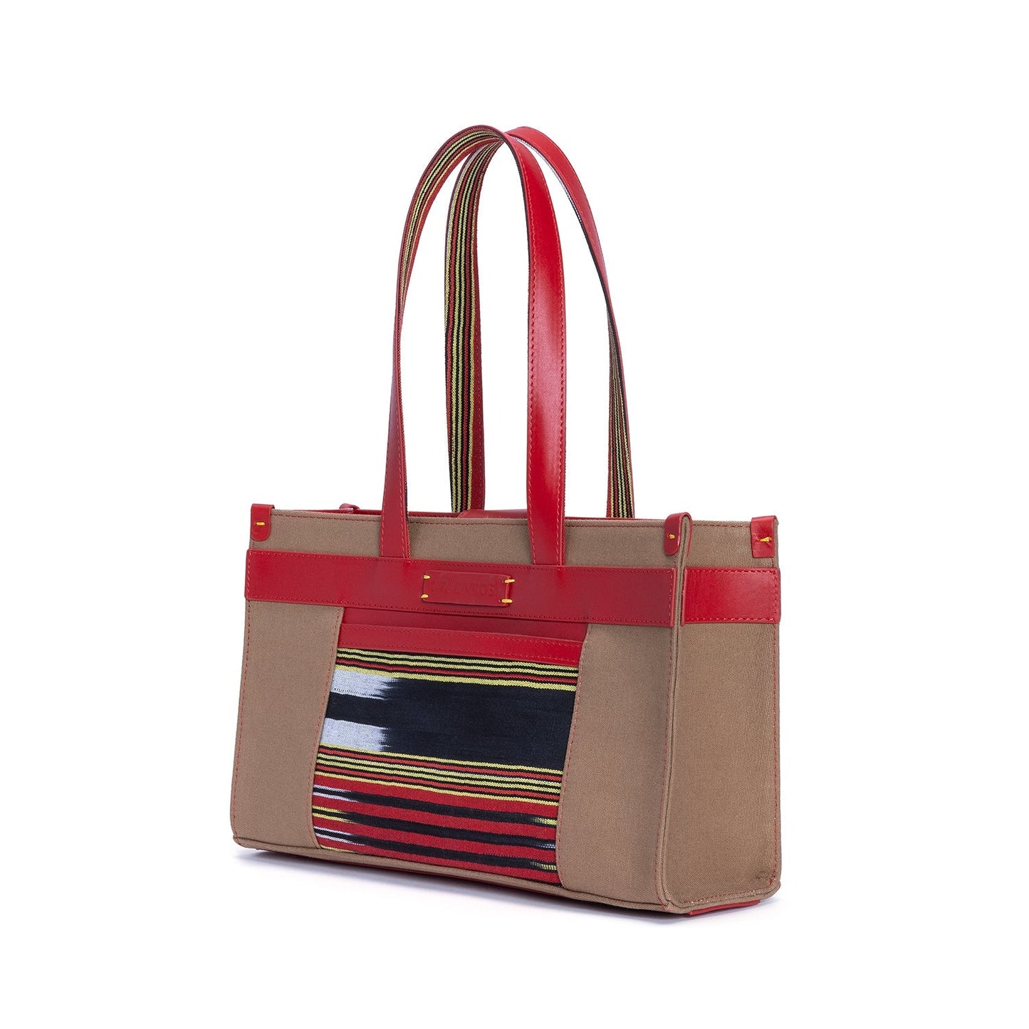 Midi Red Leather & Tobacco Canvas Tote Bag with Pockets