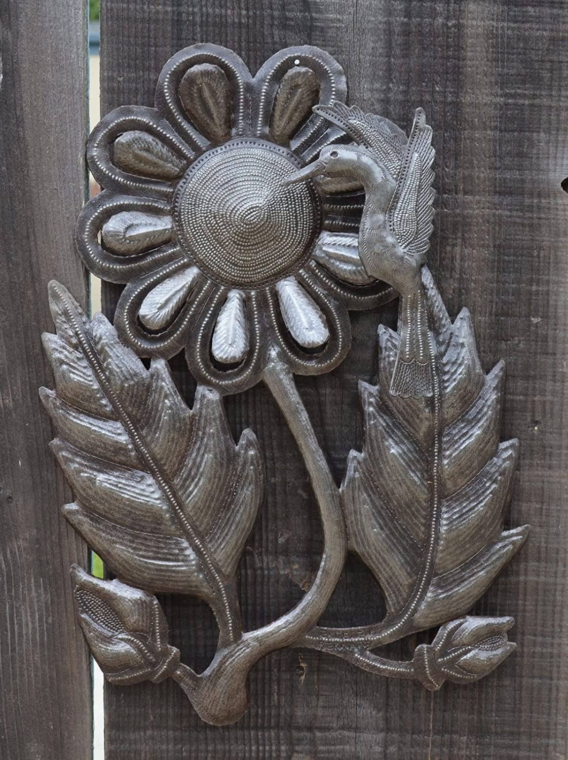 11" x 17.5" Hummingbird with Flower, Metal Garden Art