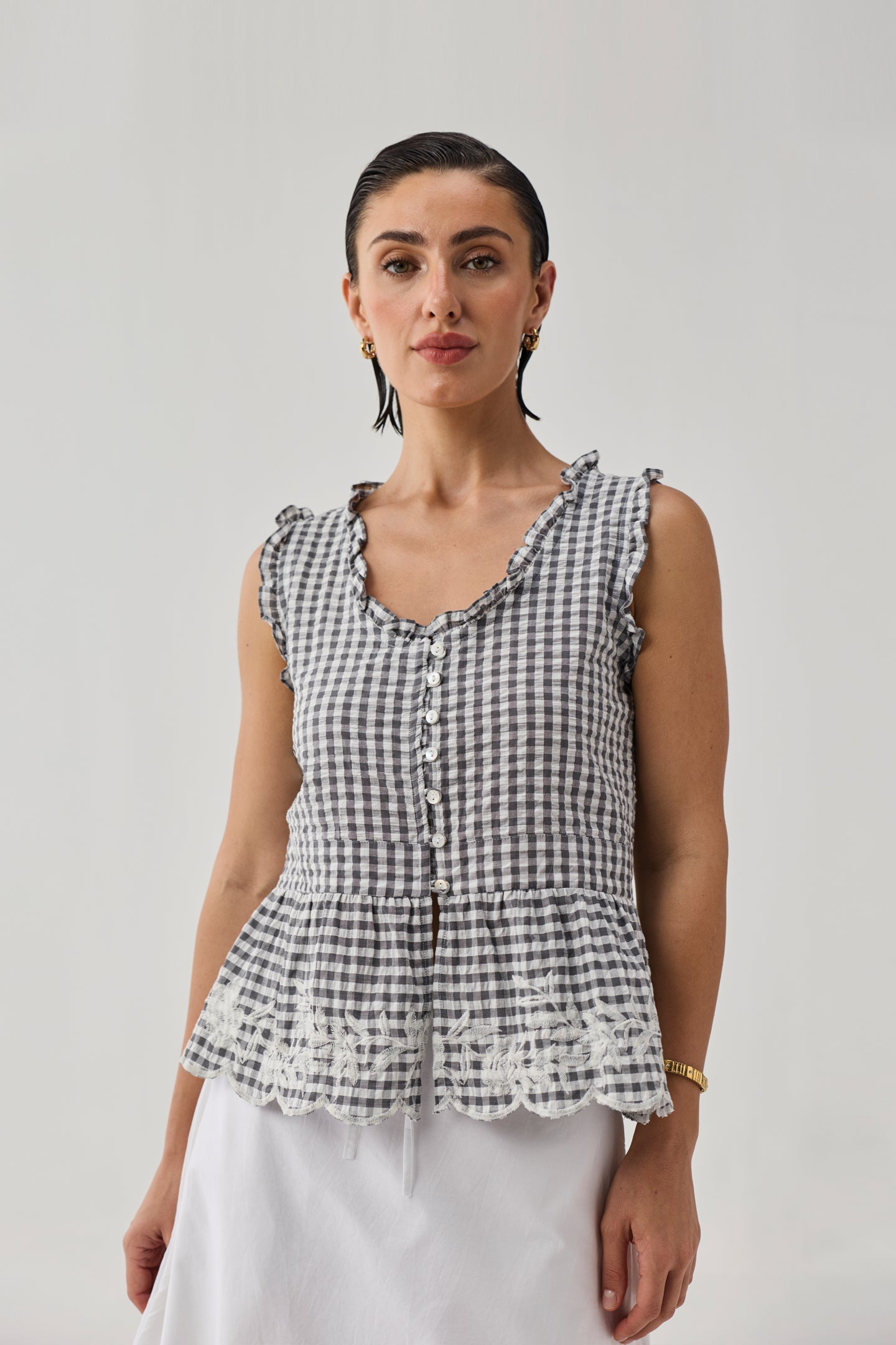Embroidered Peplum Top in Grey Check