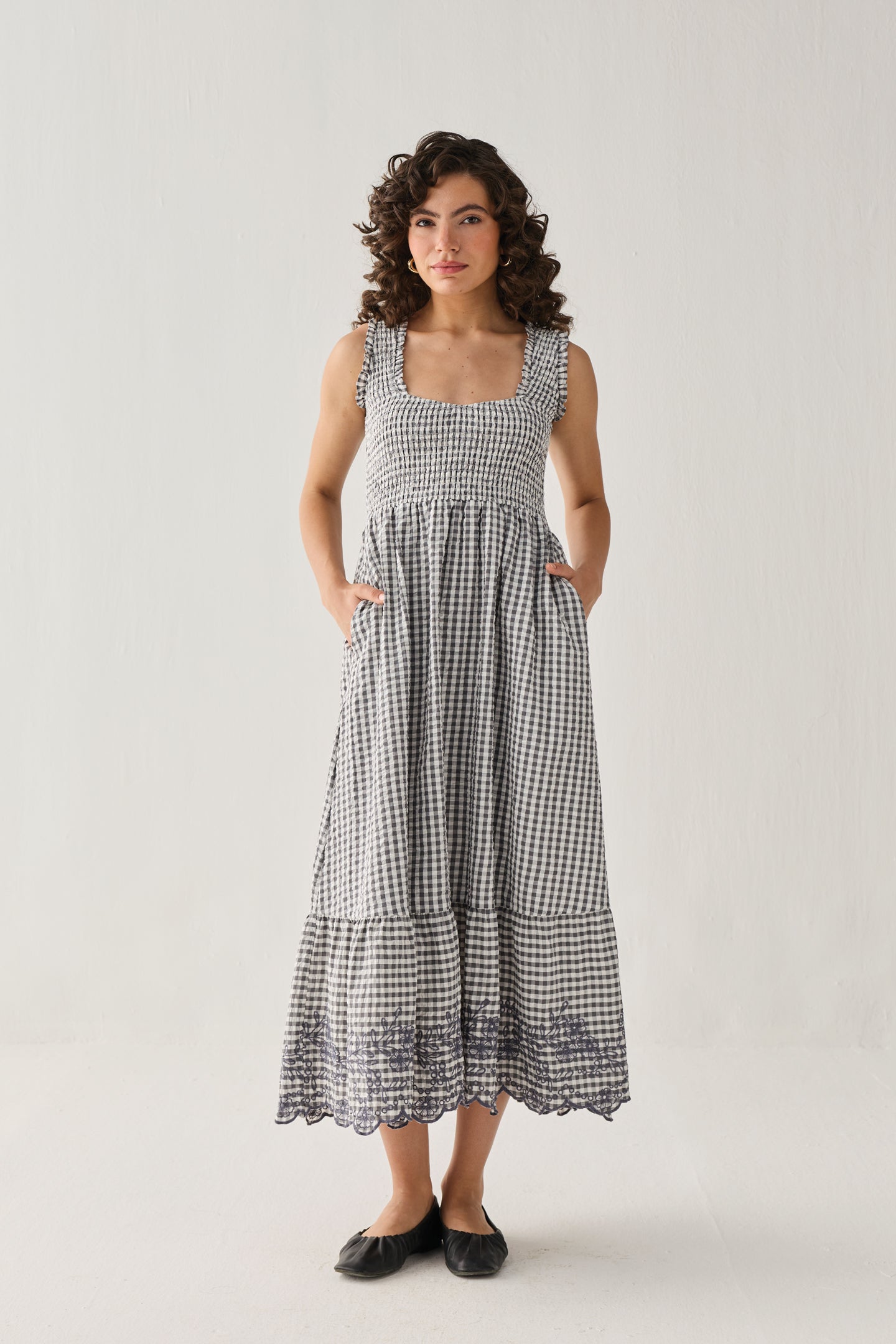 The Smocked Maxi Dress in Grey Check