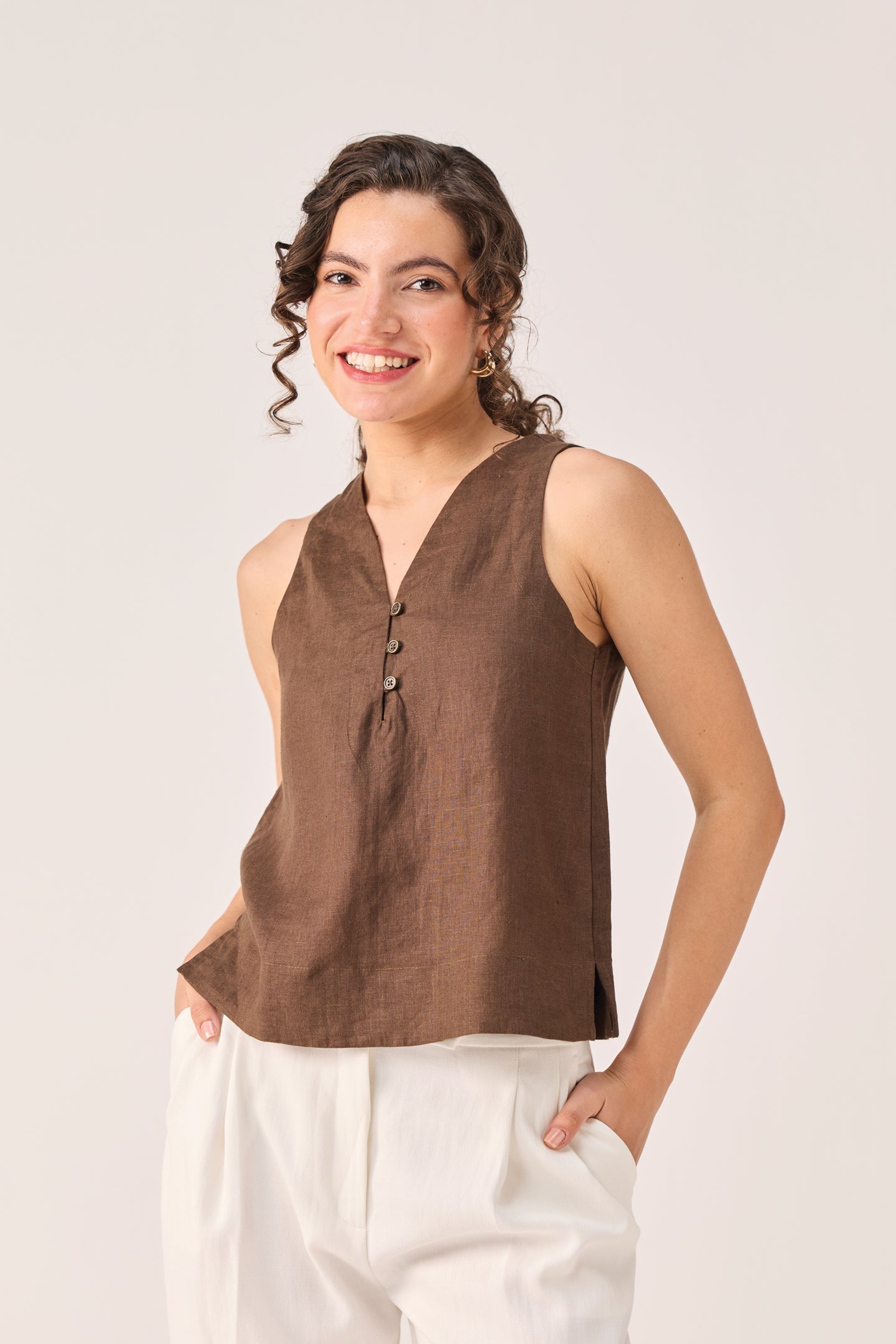 The Button Neck Top in Brown