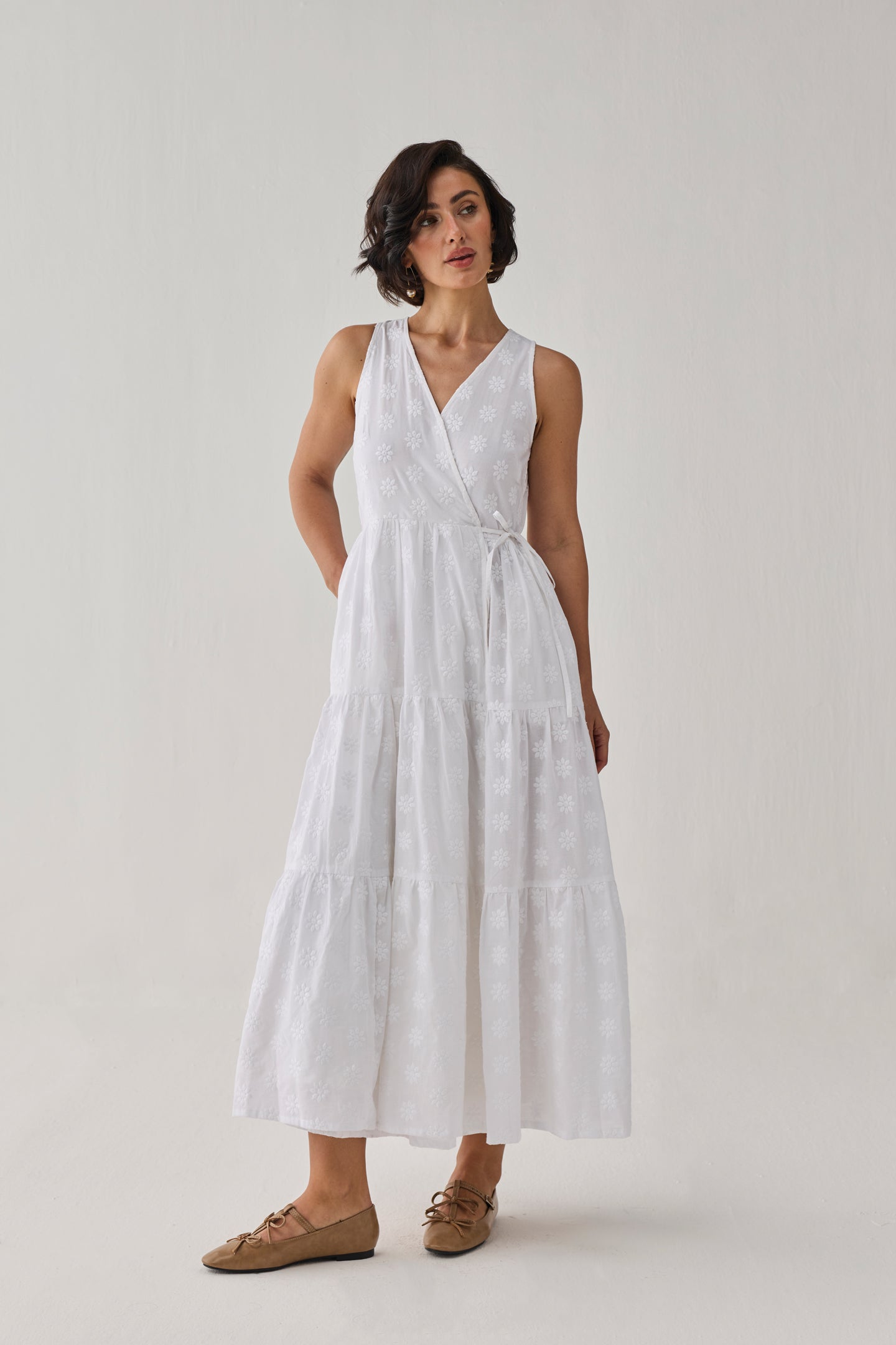 The Embroidered Tiered Wrap Maxi Dress