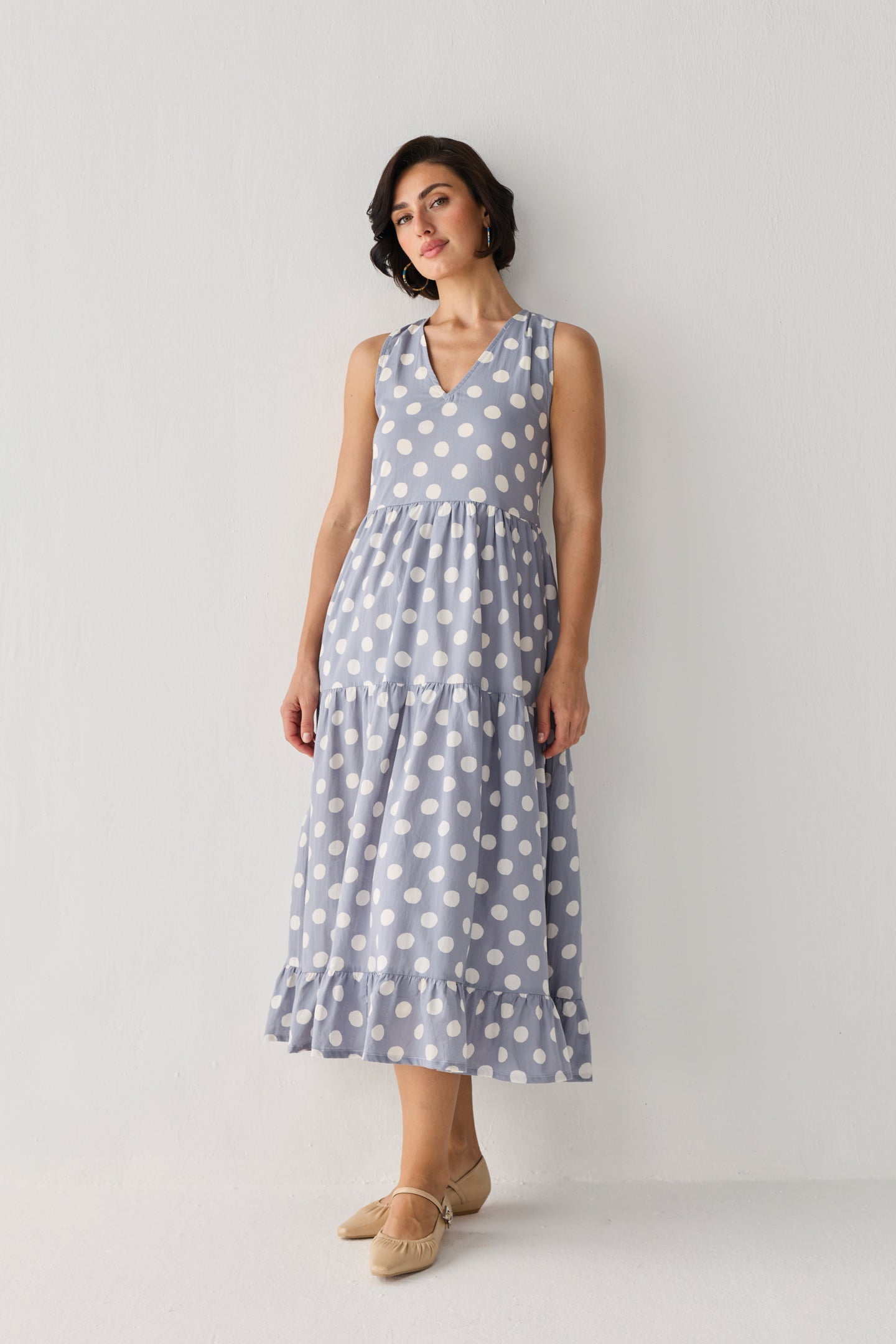 Tiered Midi Dress in Blue Polka