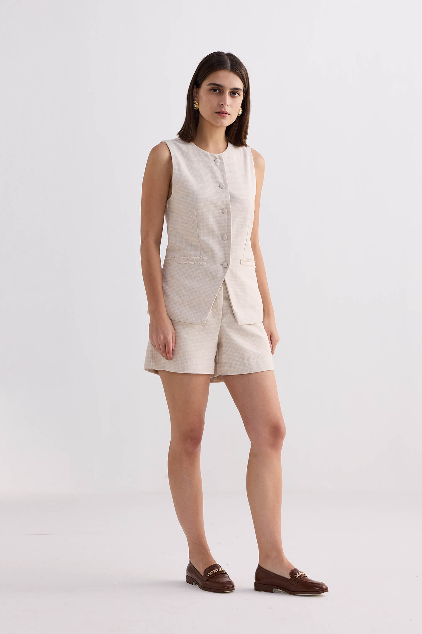 Cotton Tweed Shorts in Cream Front