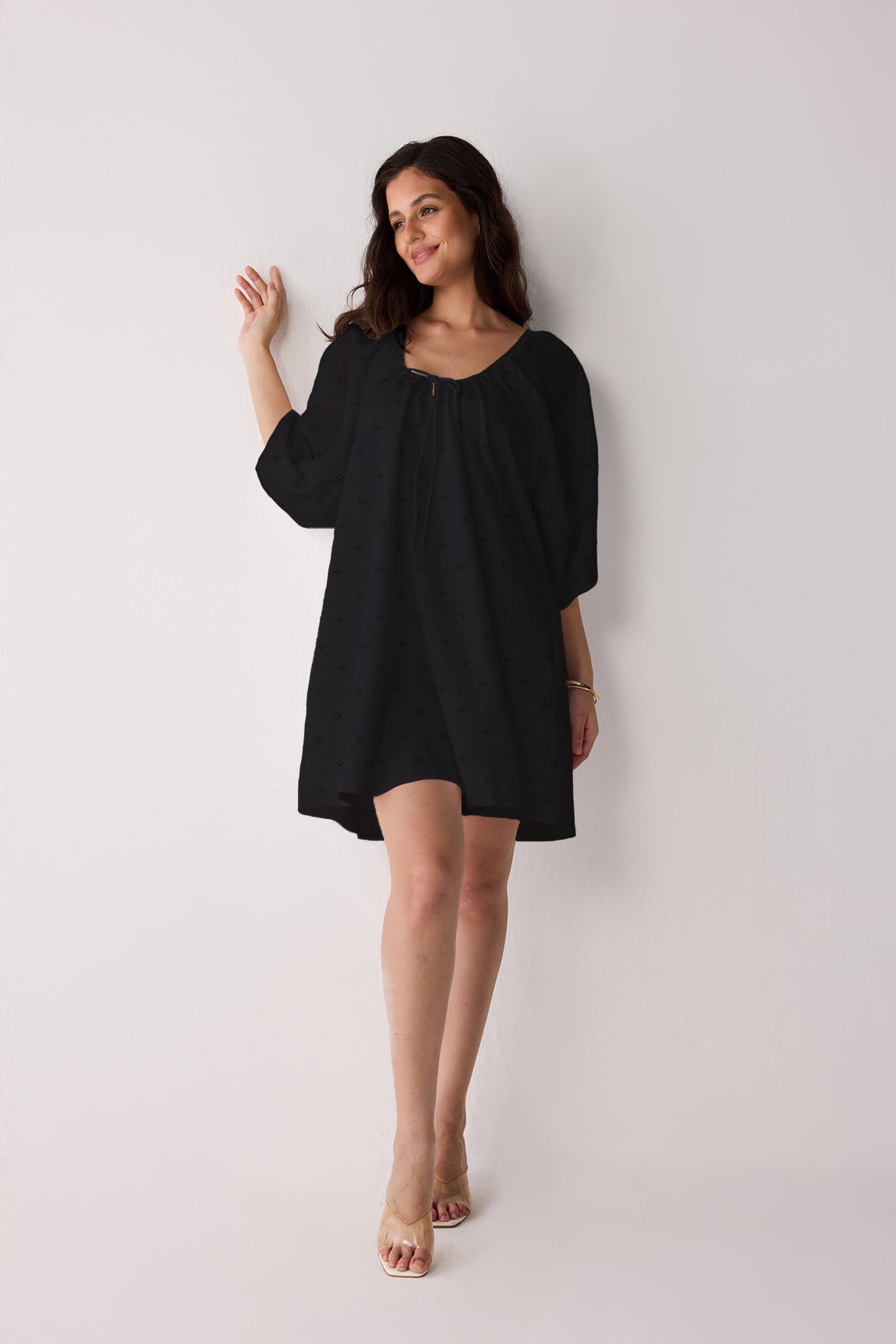 Puff Sleeved Dress with Drawstring Neckline in Black
