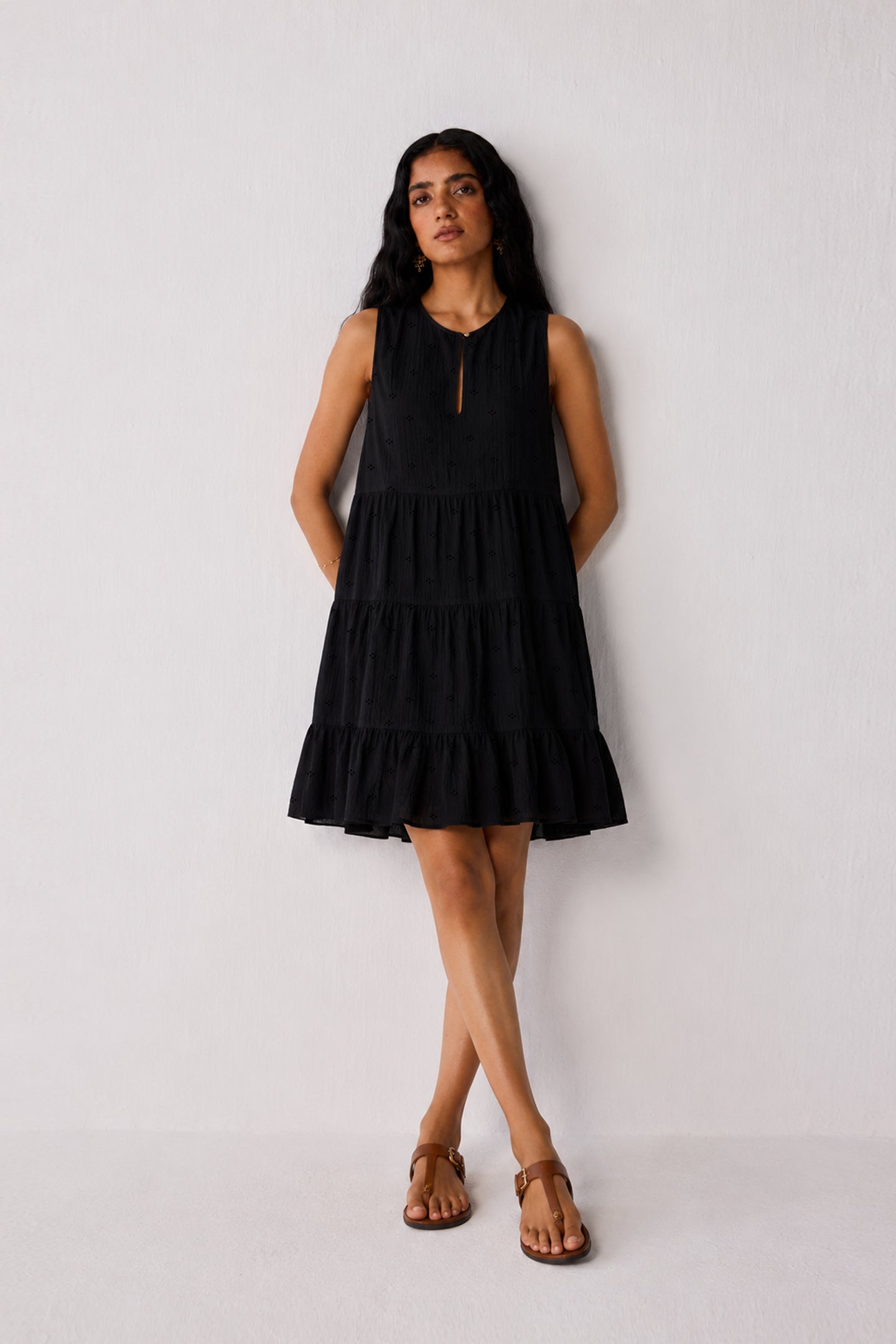 Embroidered Everyday Sleeveless Short Tiered Dress in Black