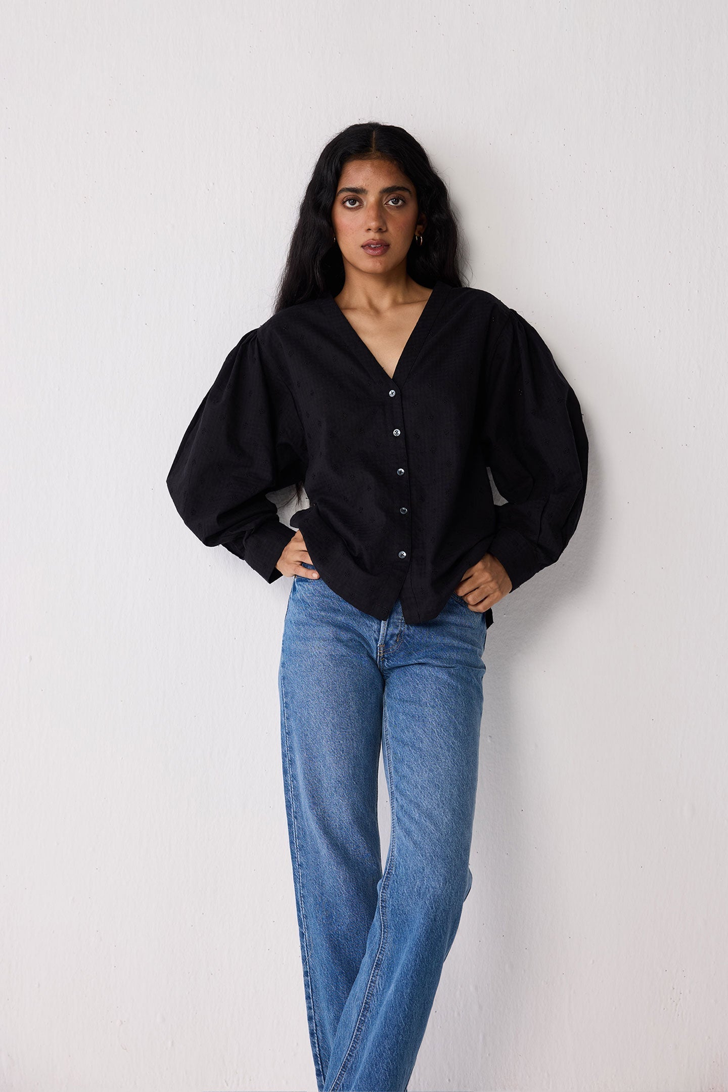 Embroidered Shirt with Long Balloon Sleeves in Black
