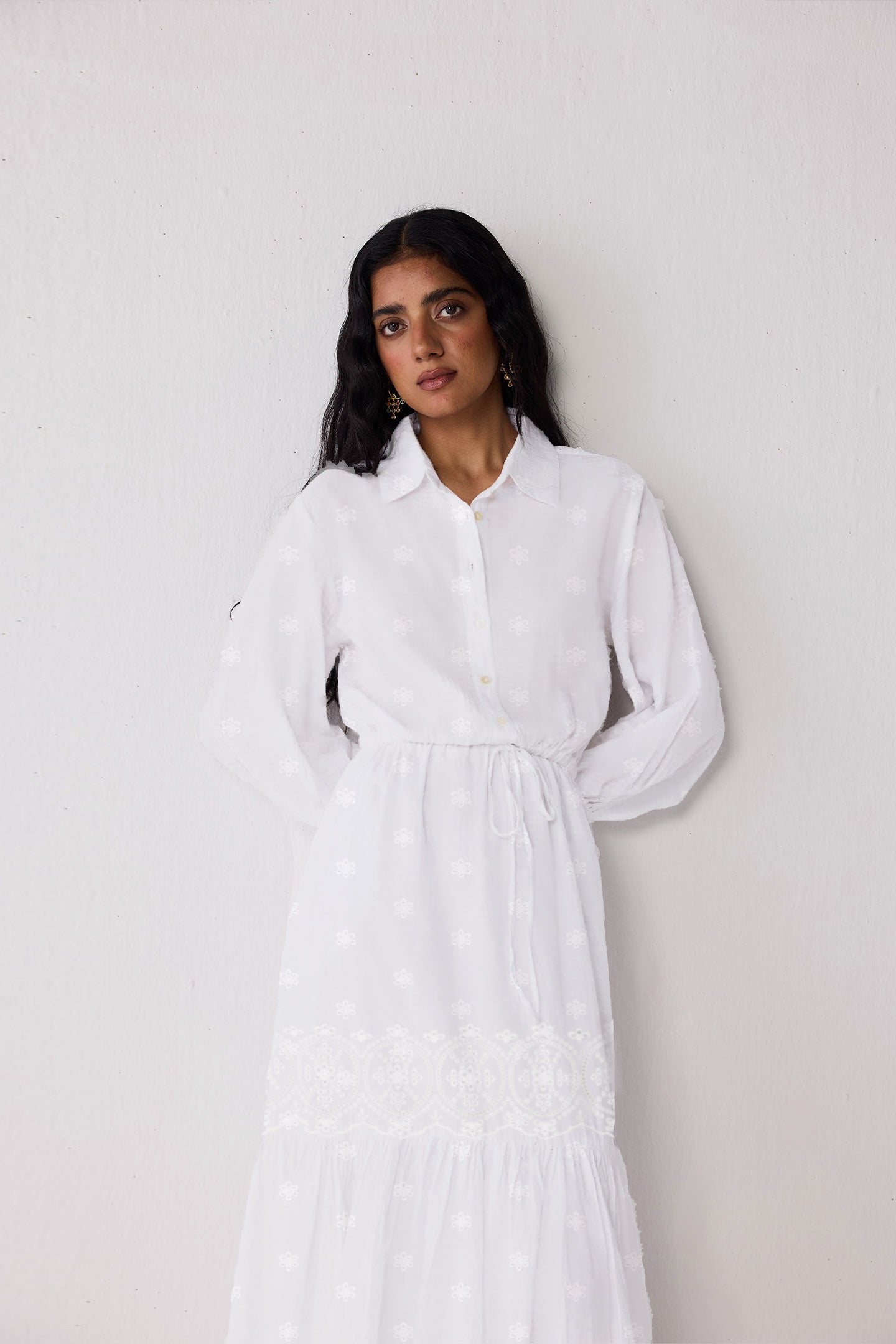 Embroidered Flowy Maxi Tiered Dress in White