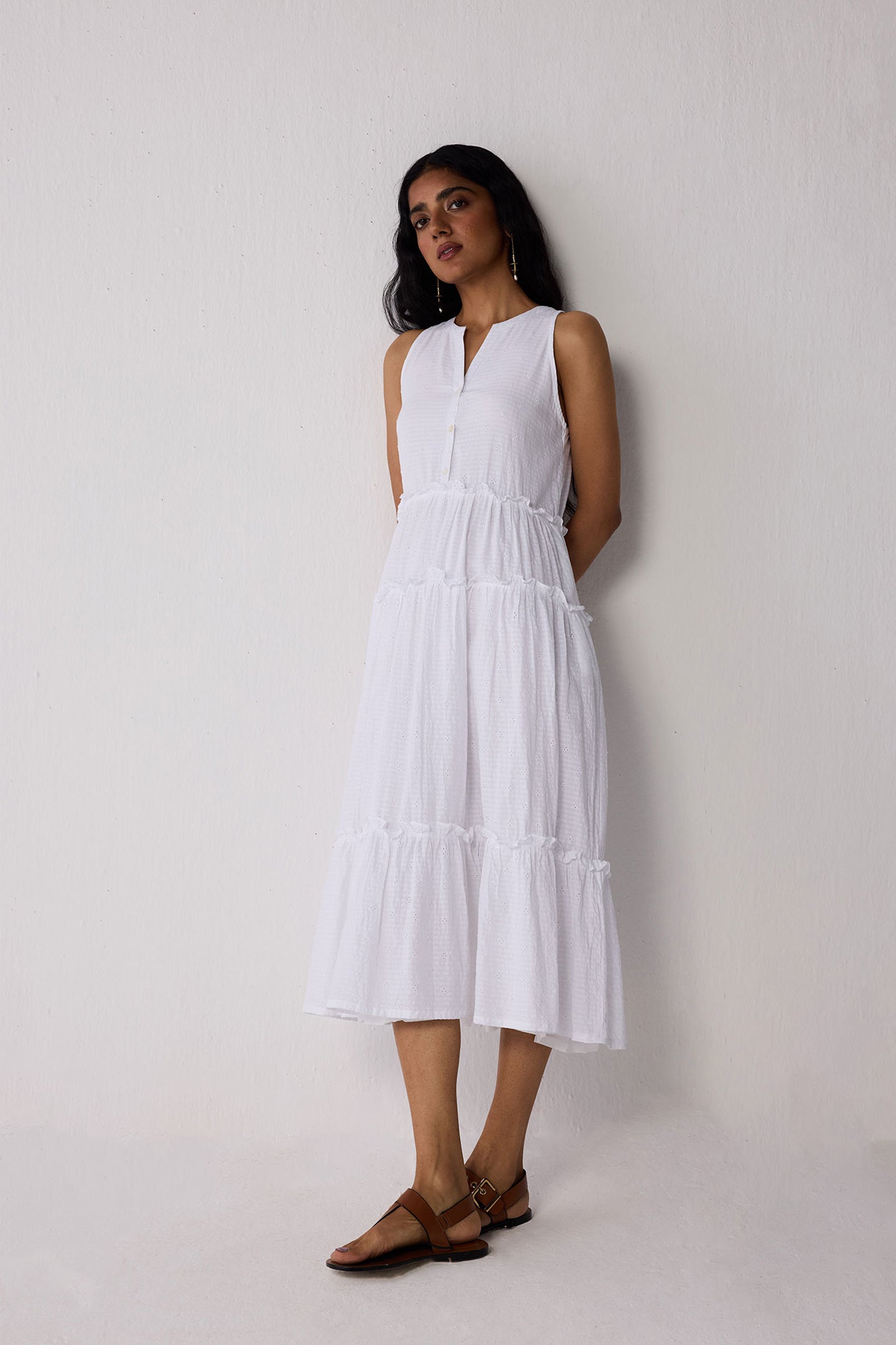 Embroidered Sleeveless Maxi Dress in White