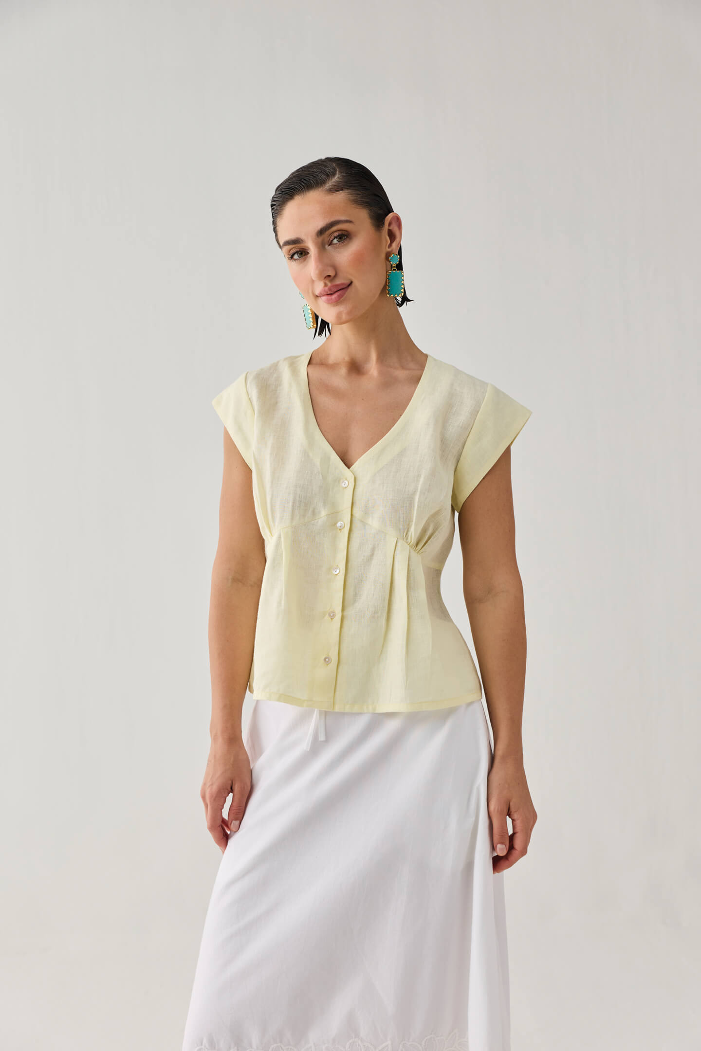 The Deep V Neck Top in Butter Lemon