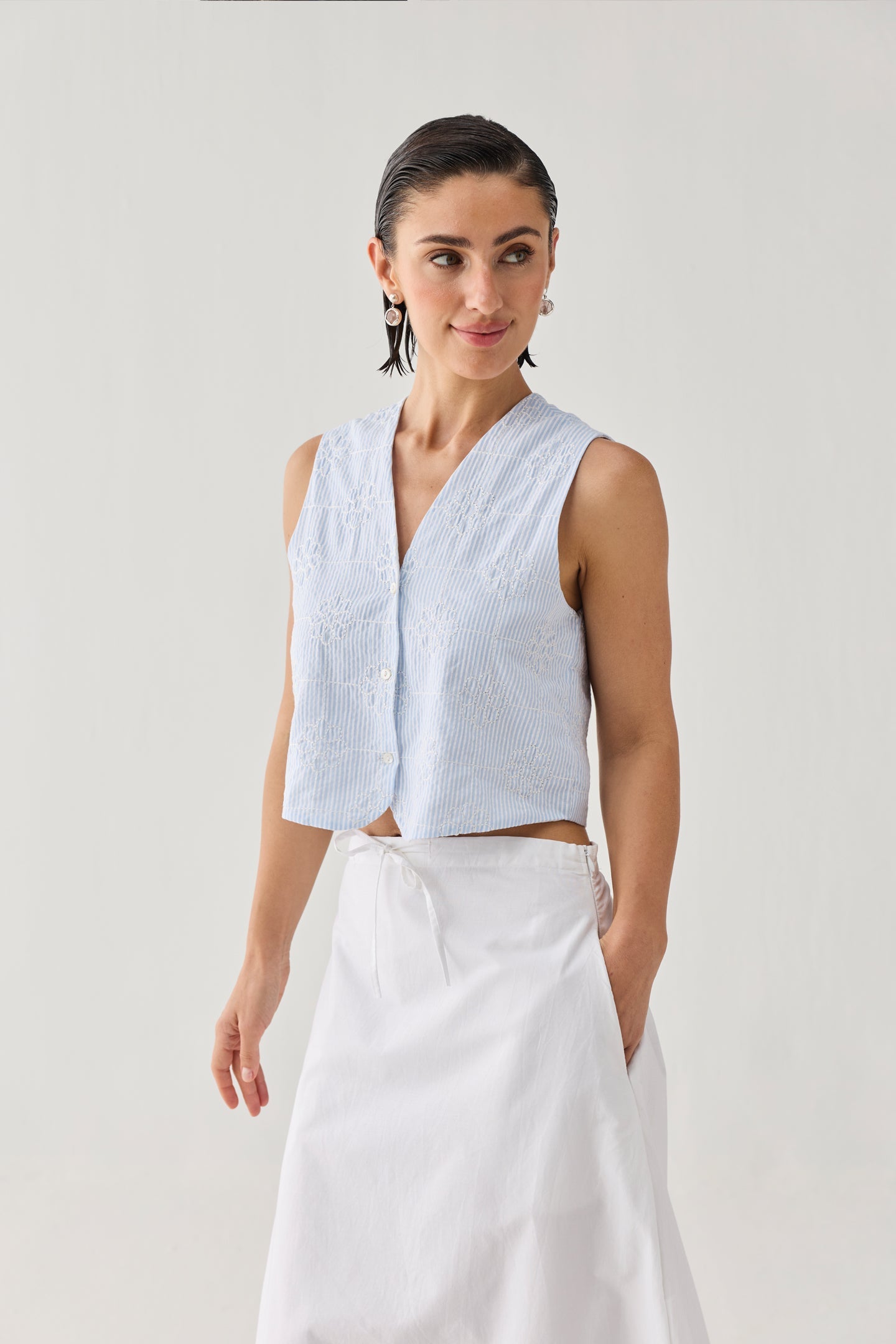 Embroidered Sleeveless Vest Top in Blue Stripe