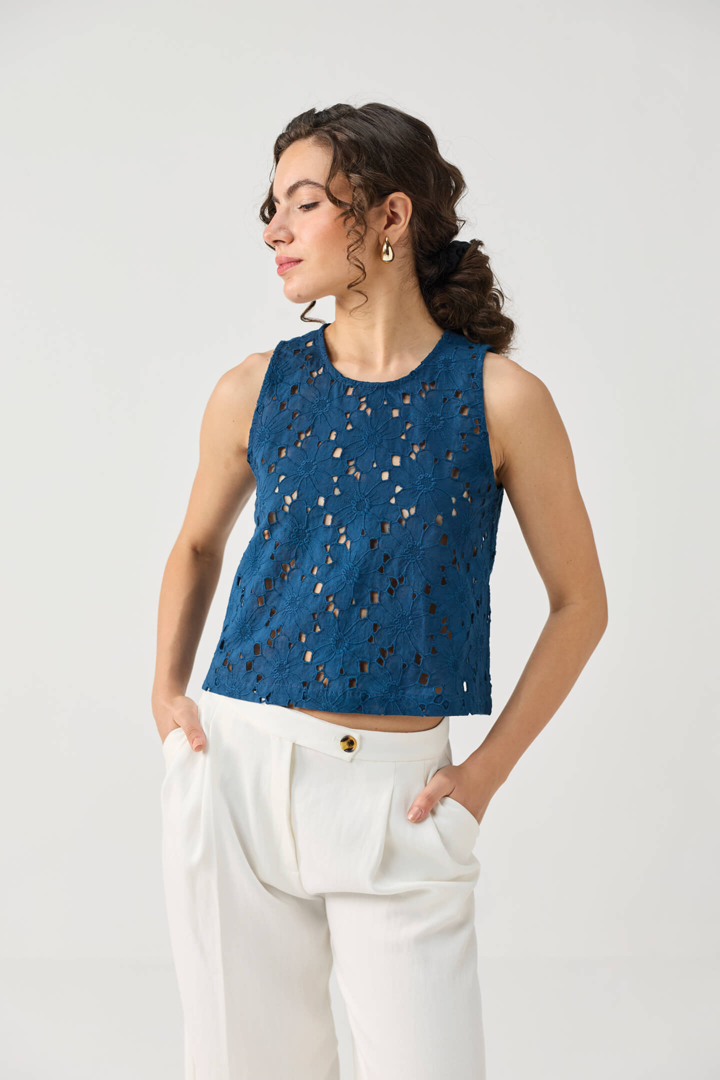 The Embroidered Button Back Top in Blue