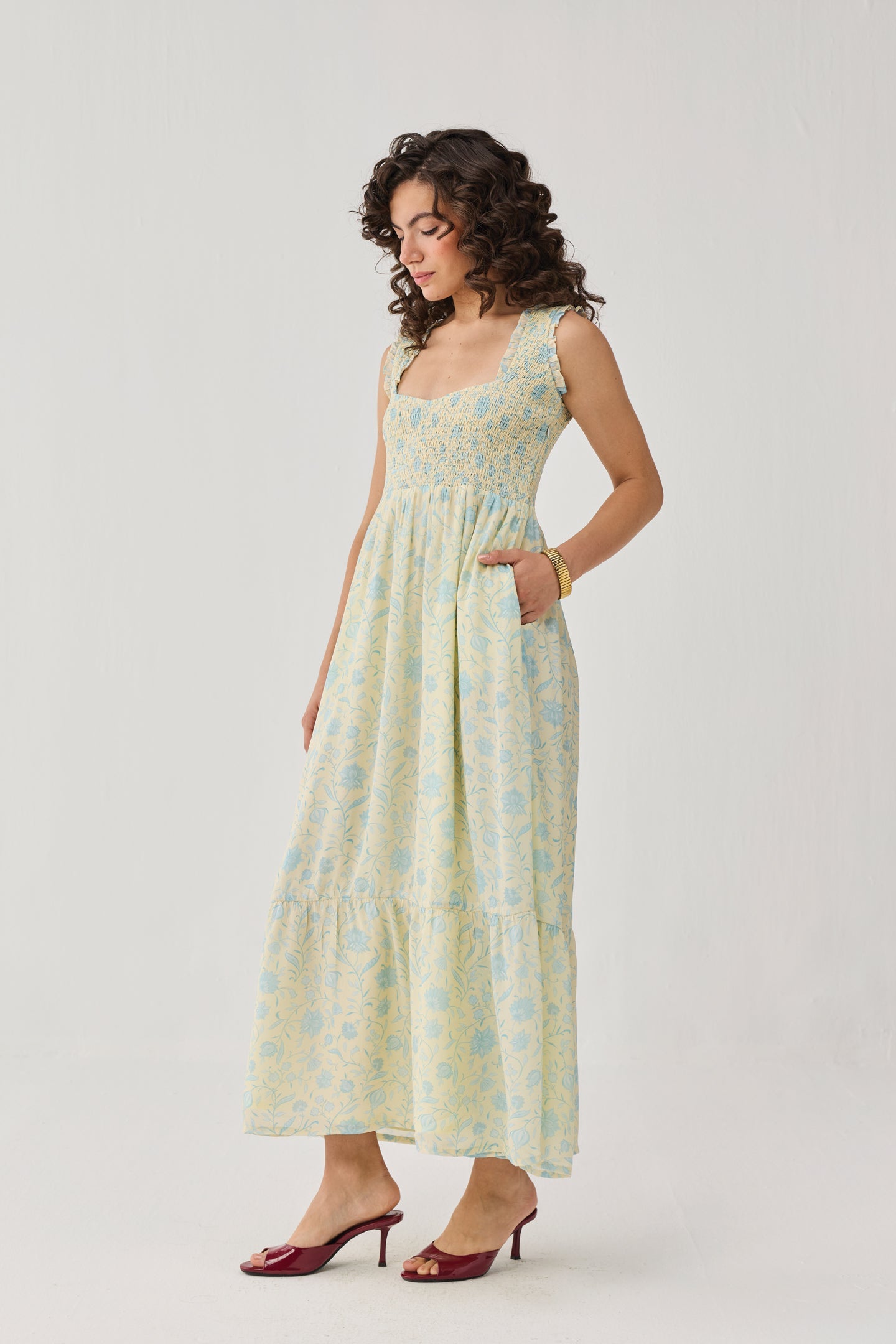 The Smocked Maxi Dress in Yellow Florals