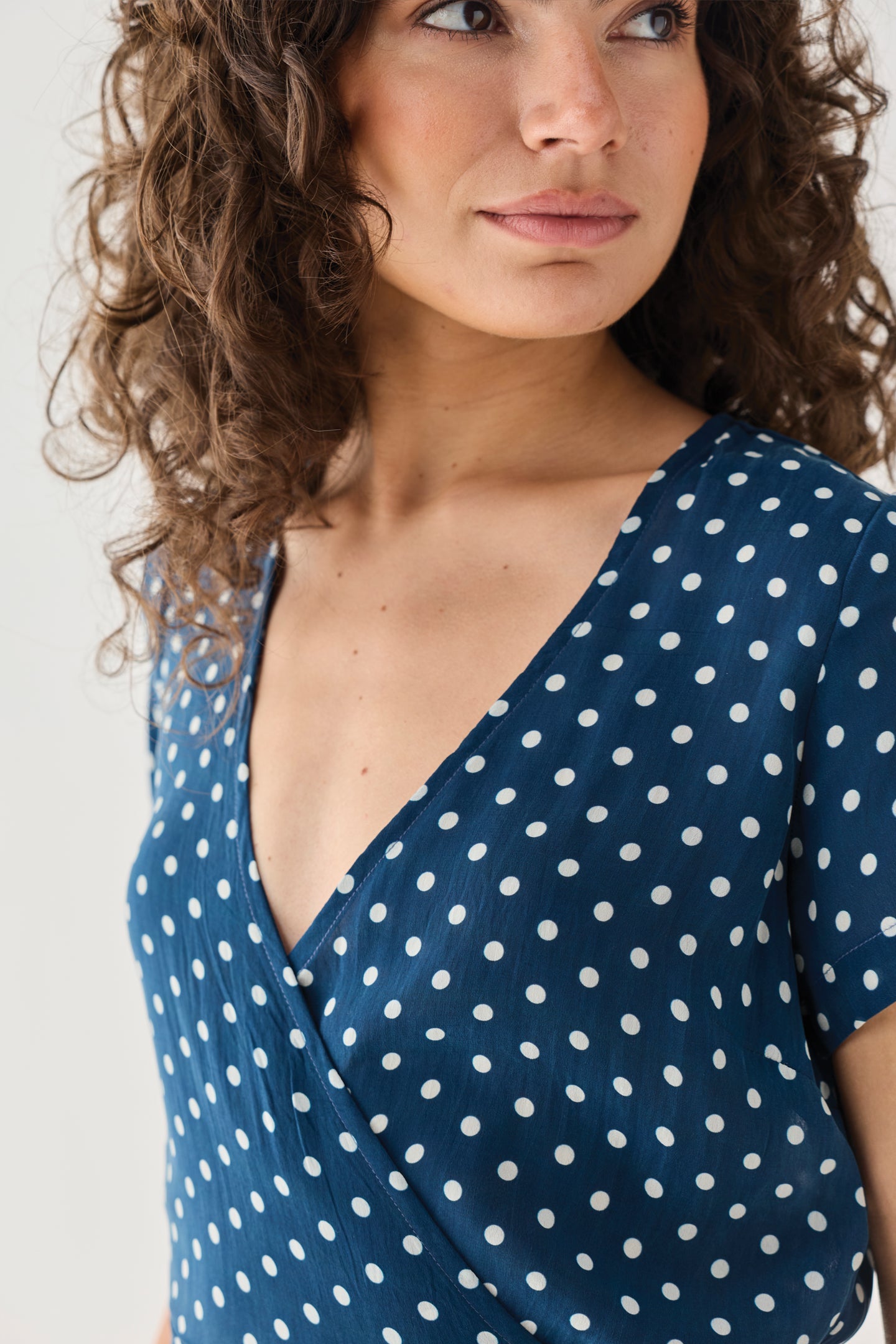Wrap-Around Top in Navy Blue Polka