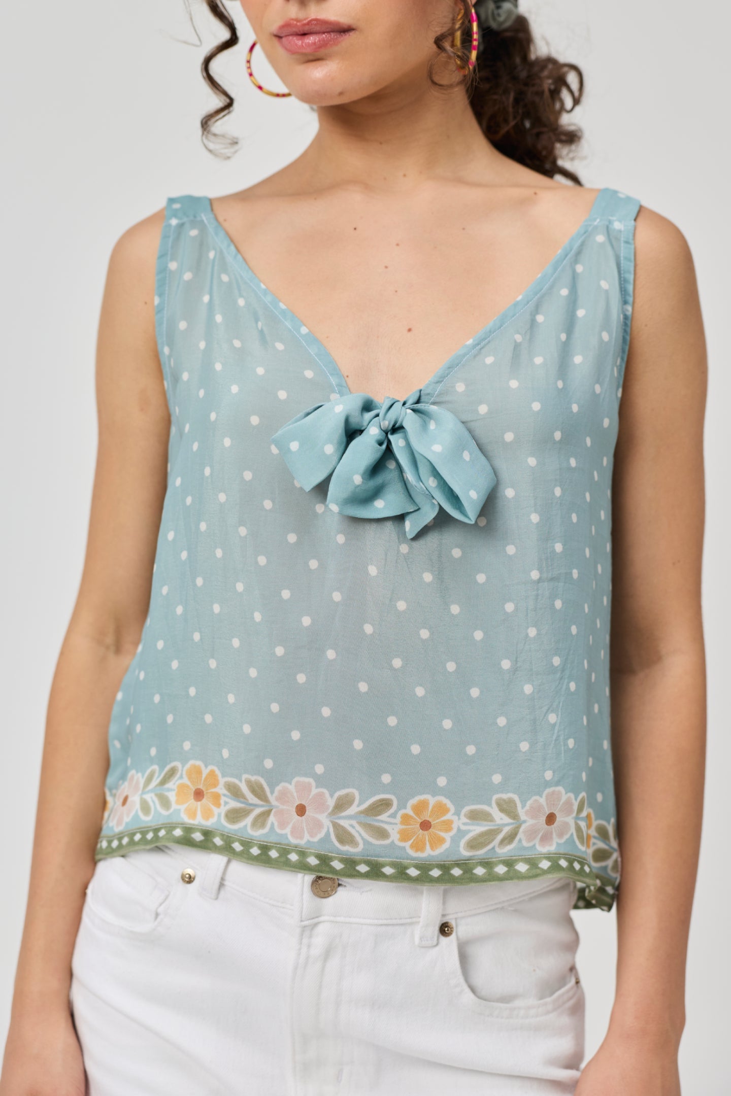 Deep V-Neck Polka Dot Top with Bow Detail