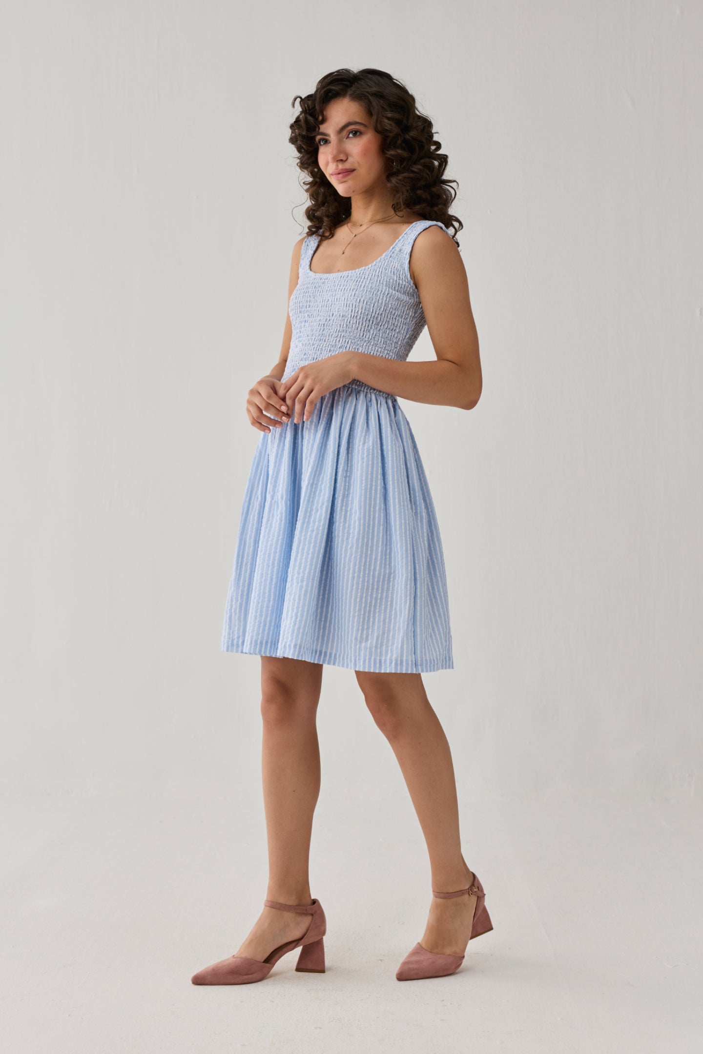 Smocked Short Dress in Blue Stripes