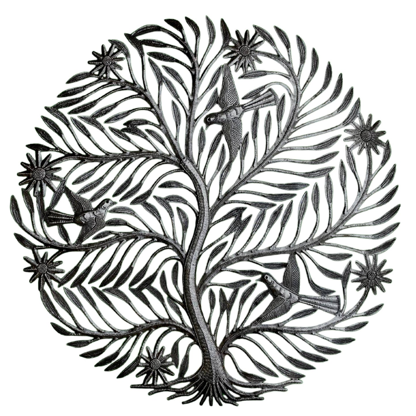 Delicate Cut Tree with Birds, Haitian Wall Hanging 23 Inch