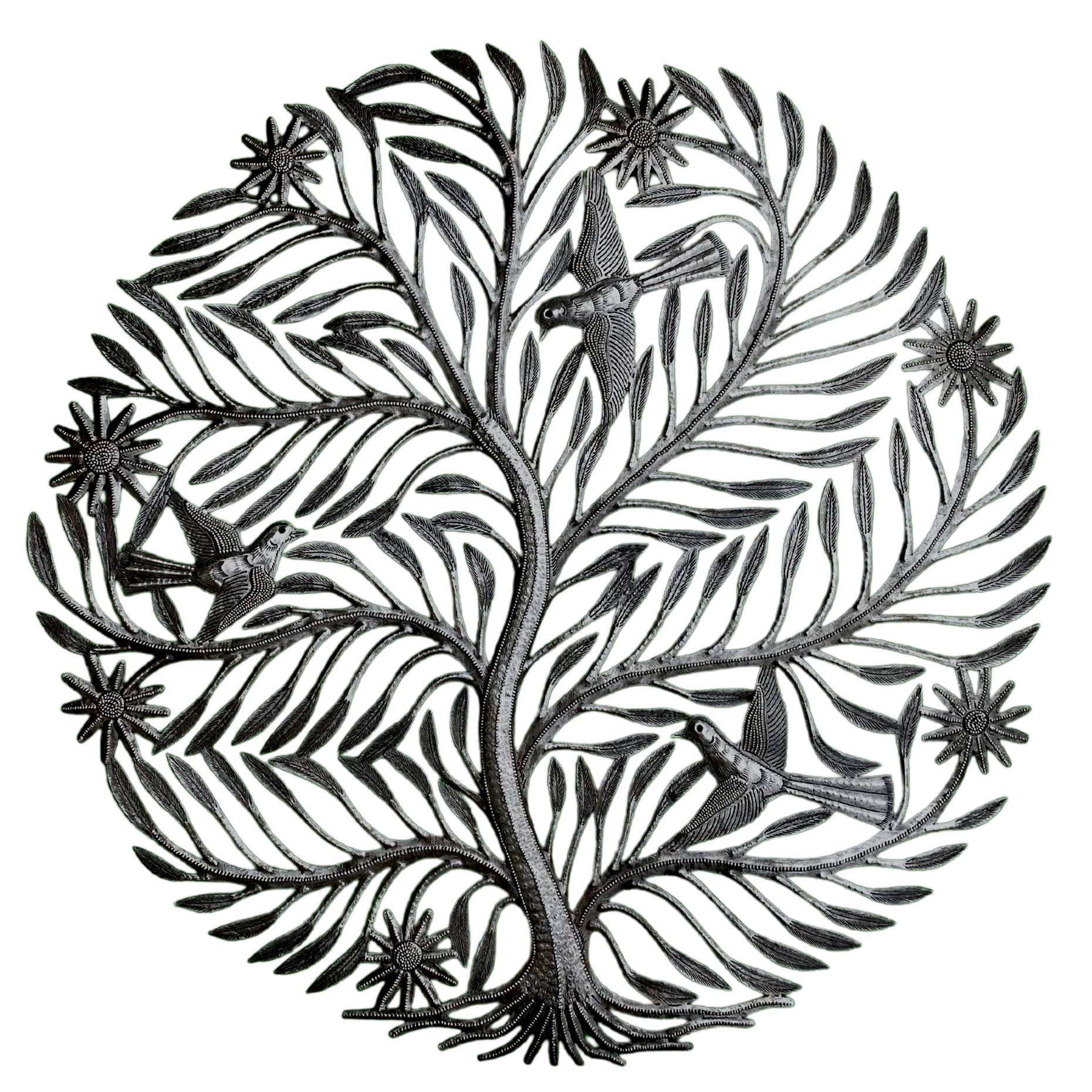 Delicate Cut Tree with Birds, Haitian Wall Hanging 23 Inch