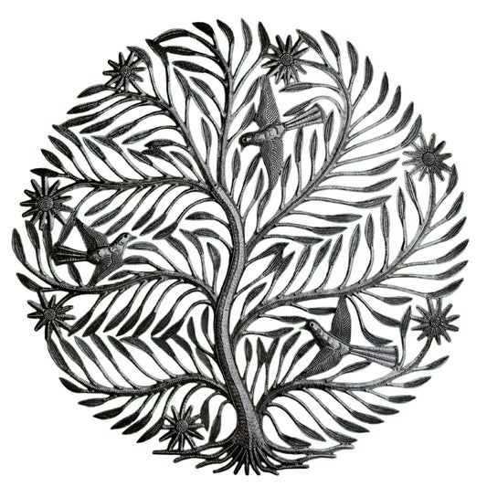 Delicate Cut Tree with Birds, Haitian Wall Hanging 23 Inch