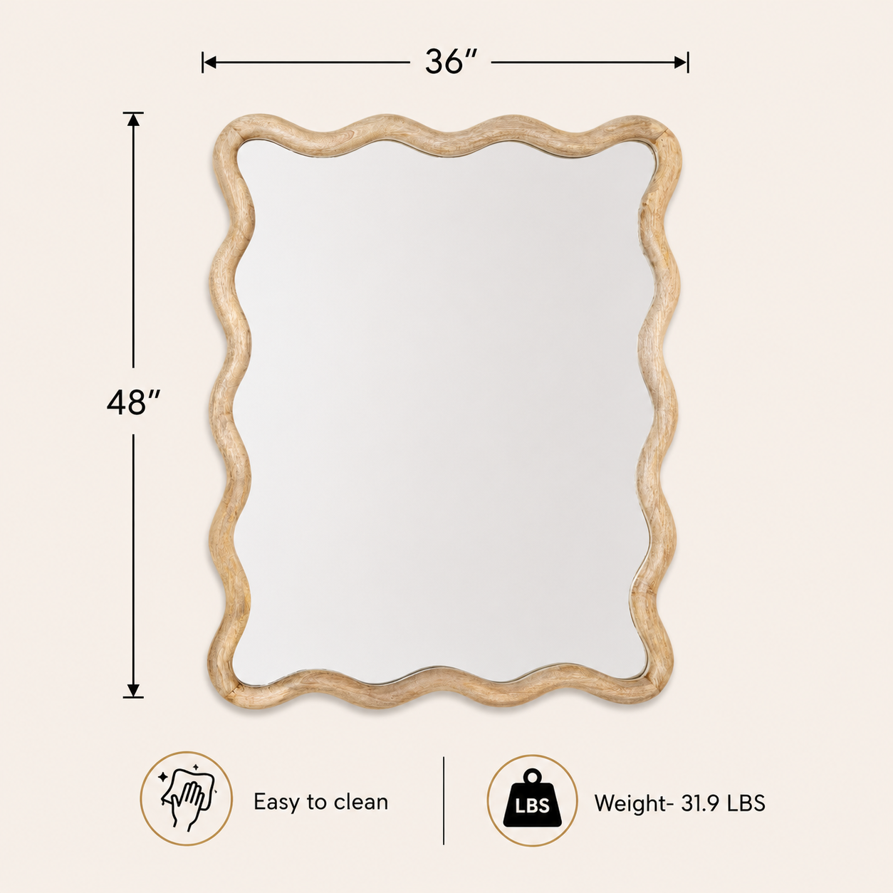 Decorative Wavy Wall Mirror with Mango Wood Frame, 36x48"