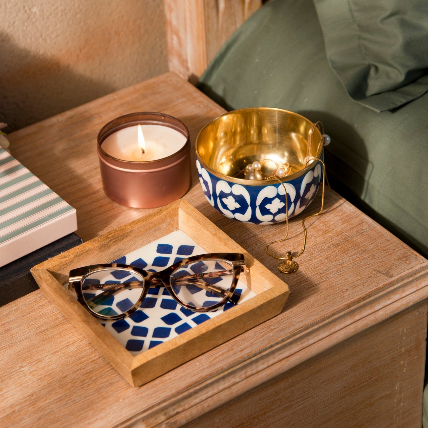 S/2 Lattice Blue Trinket Bowl & Tray Gift Box Set