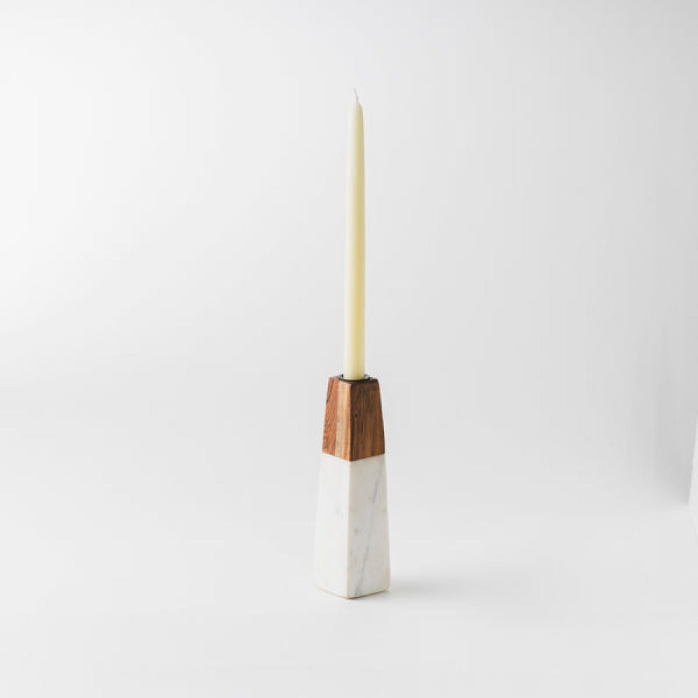 Tapered Marble & Acacia Candleholder