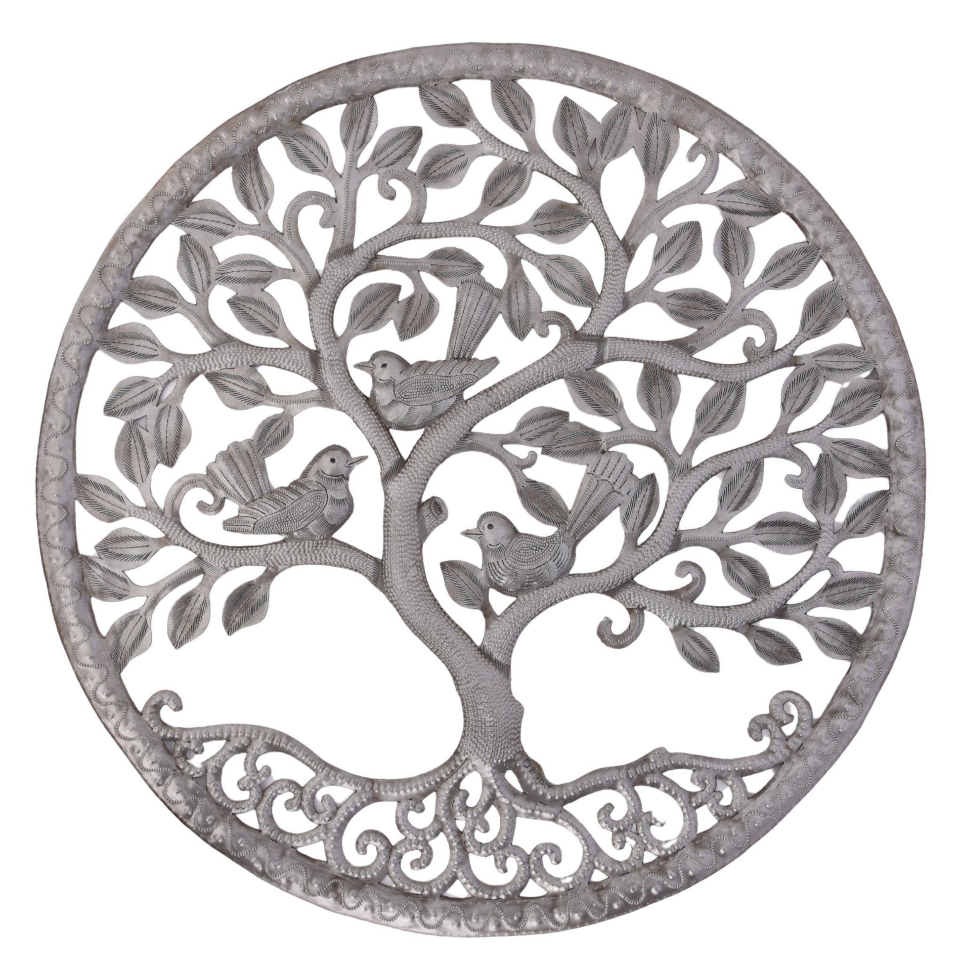 Tree of Life Metal Wall Art Birds Haitian Garden Decor 23"