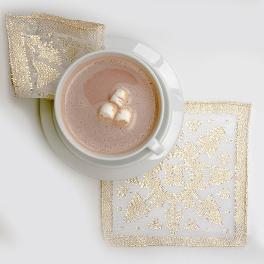 S/4 Scottish White Leno Gauze Cocktail Napkins - Gold Lurex