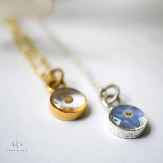 Blue Flower Necklace | Silver Circle Pendant | Forget-me-not