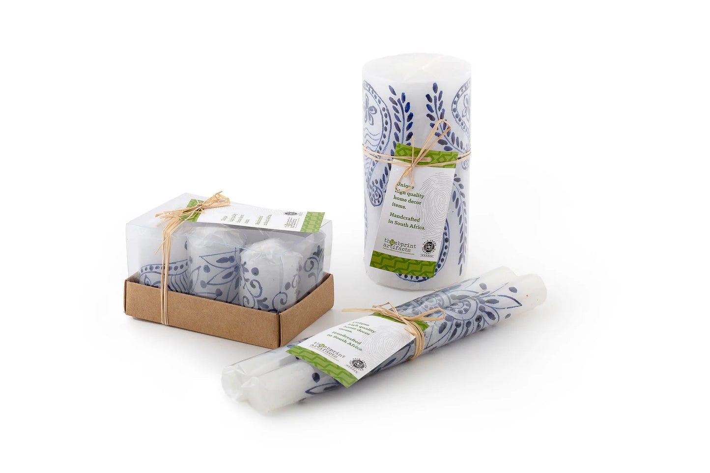 Henna Blue on White Painted Candles