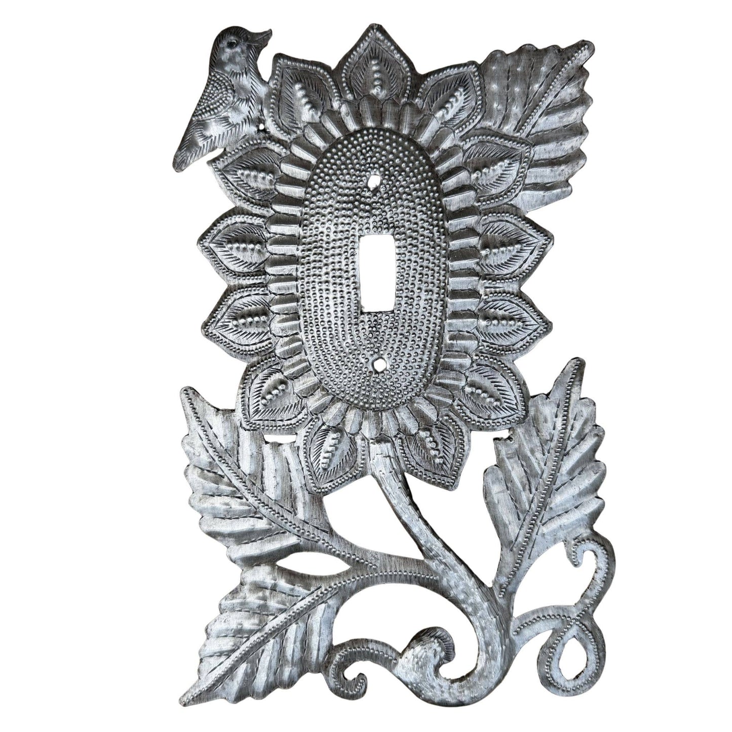Haitian Metal Switch Plate Sunflower Bird 5.75x9 Handmade