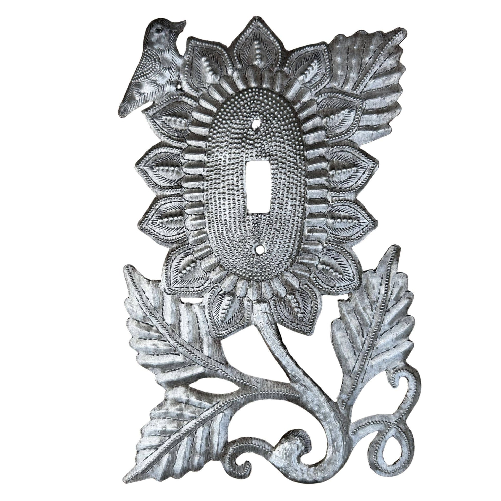 Haitian Metal Switch Plate Sunflower Bird 5.75x9 Handmade