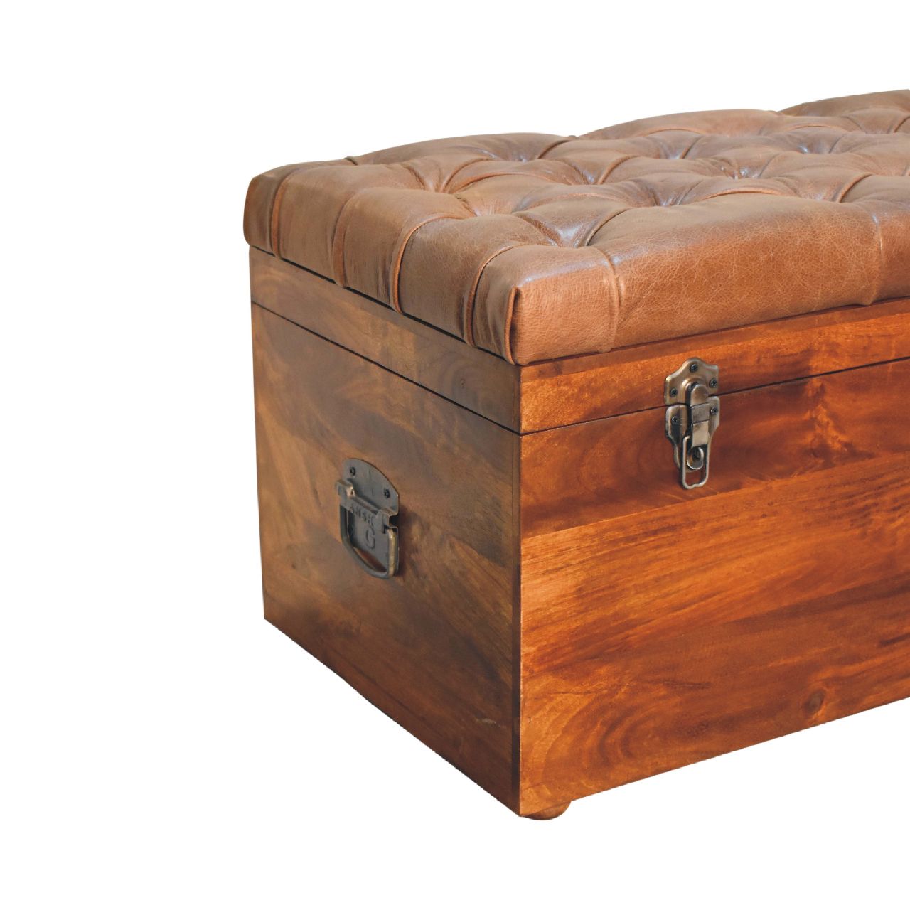 Solid Wood Buffalo Leather Upholstered Hide Chestnut Storage Trunk