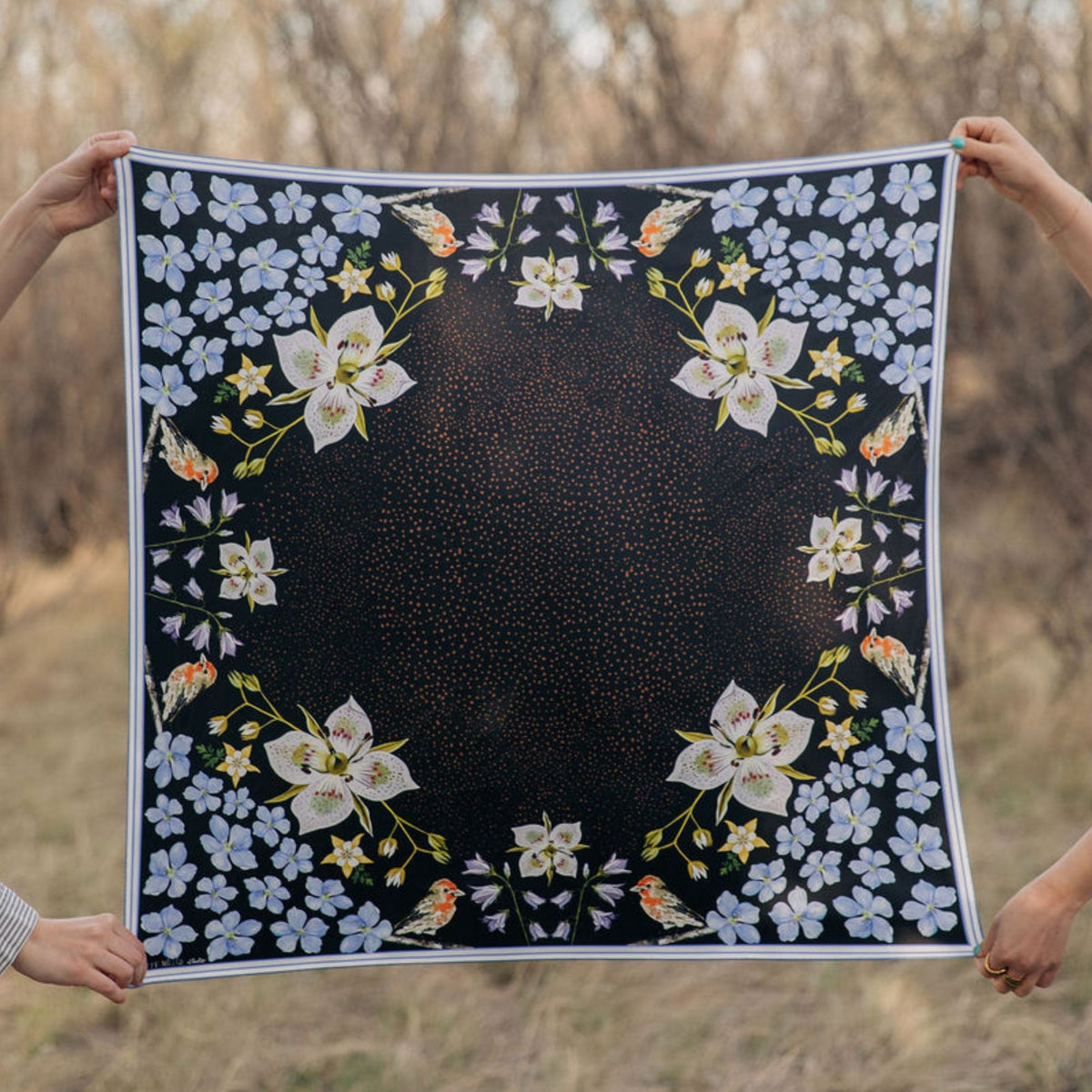 100% Silk Scarf: Black Gentian - Floral Bird Design