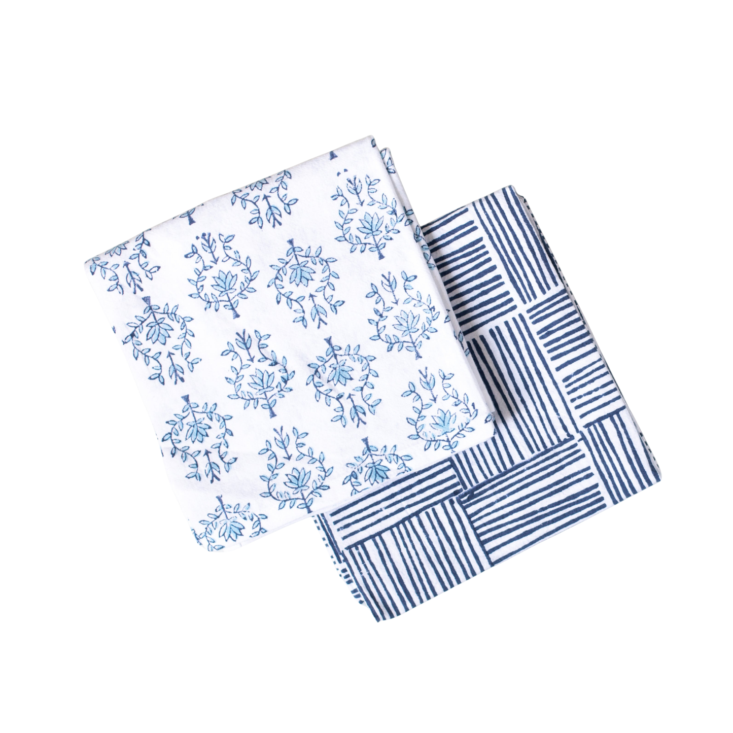 S/2 Tea Towel Set - Lotus & Stripe, Navy
