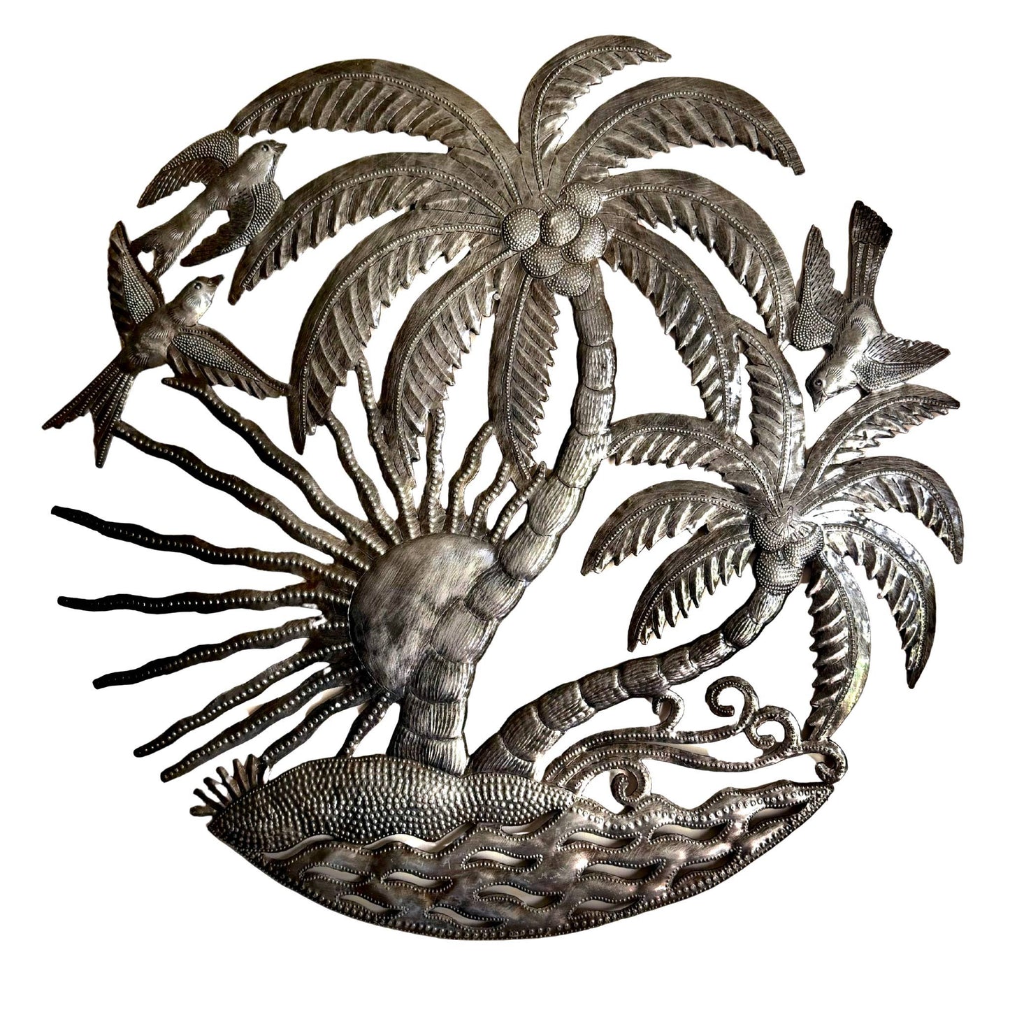 Haitian Tropical Palm Tree Metal Art, Birds Sun Fair Trade