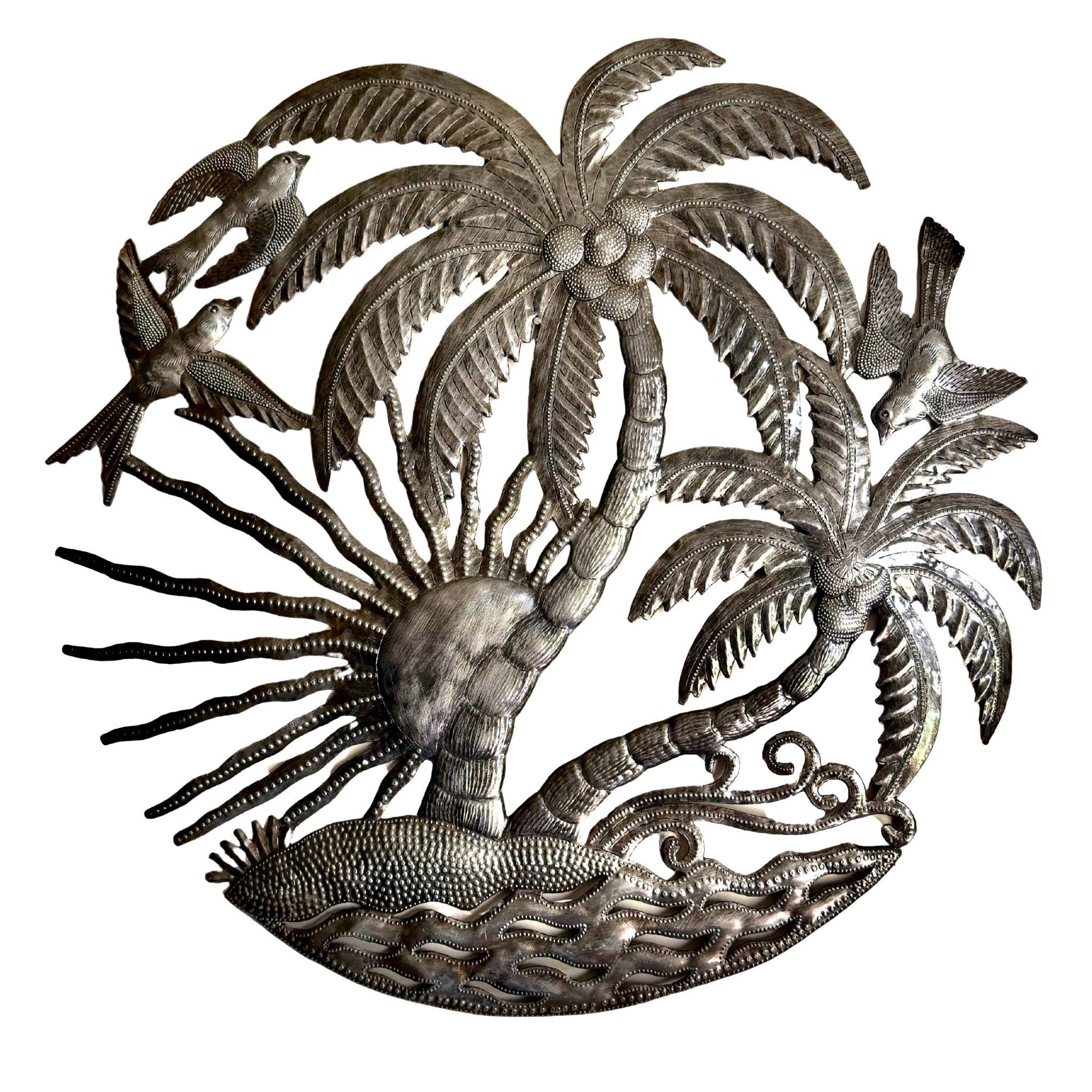 Haitian Tropical Palm Tree Metal Art, Birds Sun Fair Trade