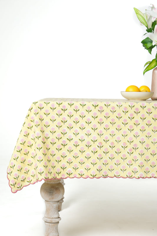 Mona Scallop Embroidered Blockprint Tablecloth in Butter Yellow
