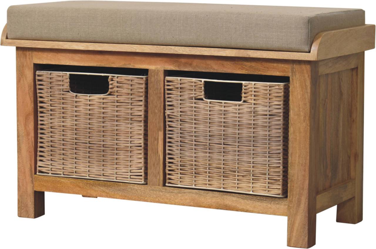 Solid Wood Rattan Basket Linen Upholstered Bench