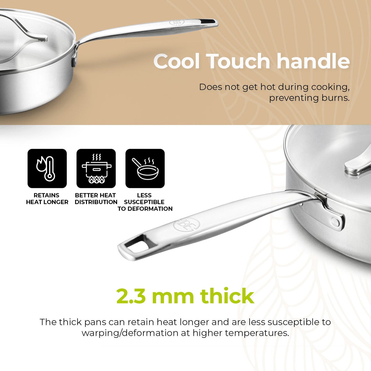 BE | LIVING - Essential Series - 3 qt  / 9.5" / 24 cm Saute Pan with lid - Triply Stainless Steel
