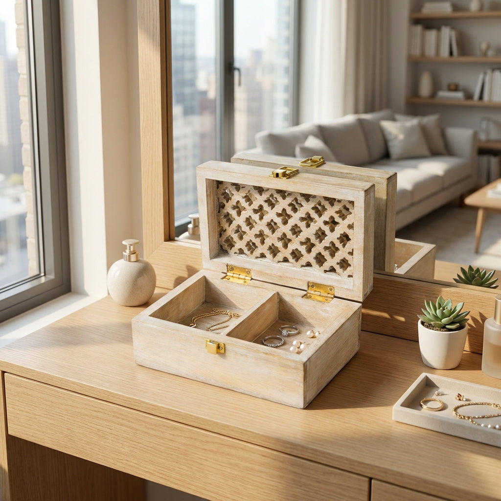Mango Wood Trellis Keepsake Box with Compartments, Whitewash