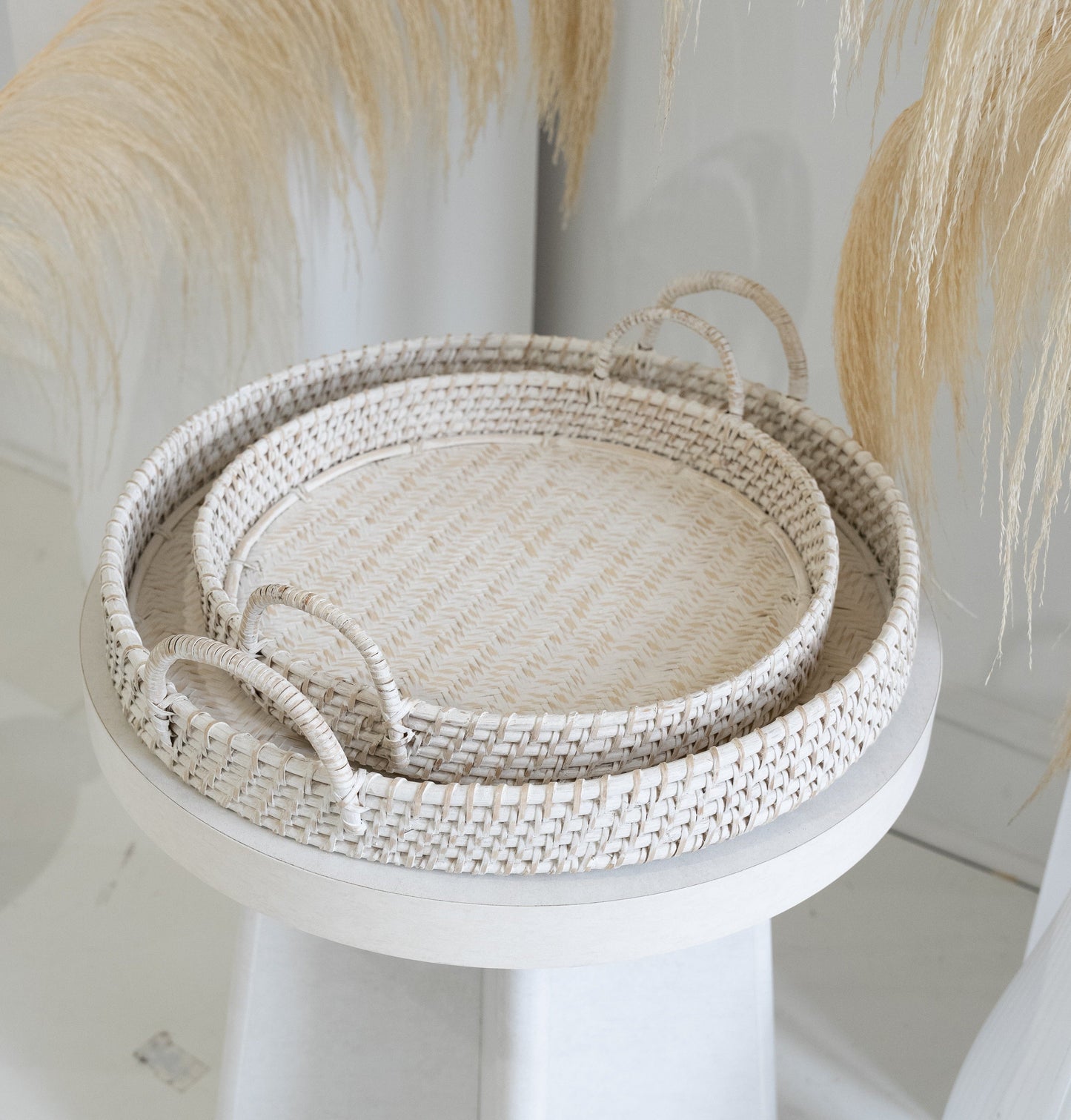 Round Rattan Tray - White