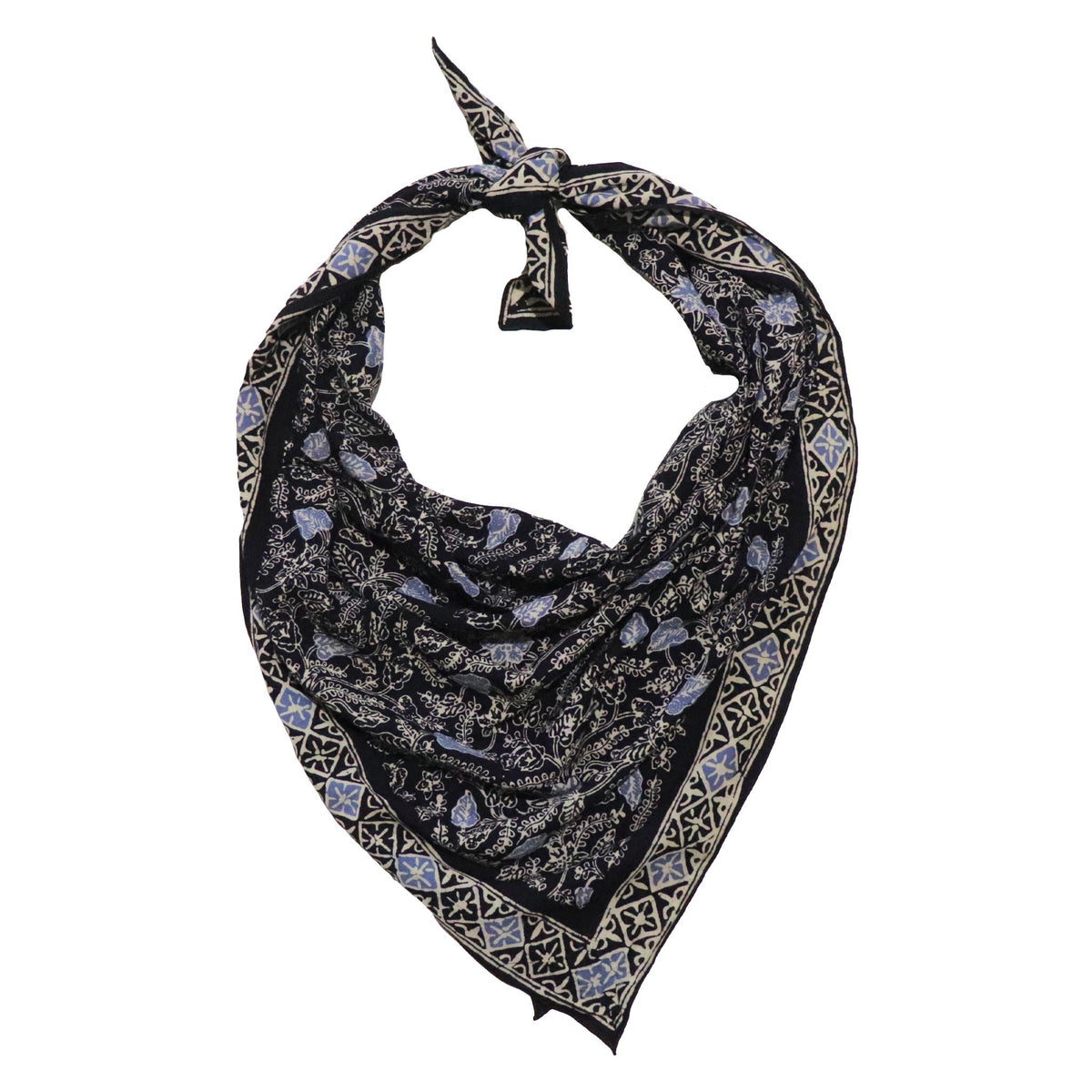 Large 39" Wild Rag Batik Bandana Blue Navy Foliage, 100% Soft Cotton, Hand Dyed Hair Cover Scarf