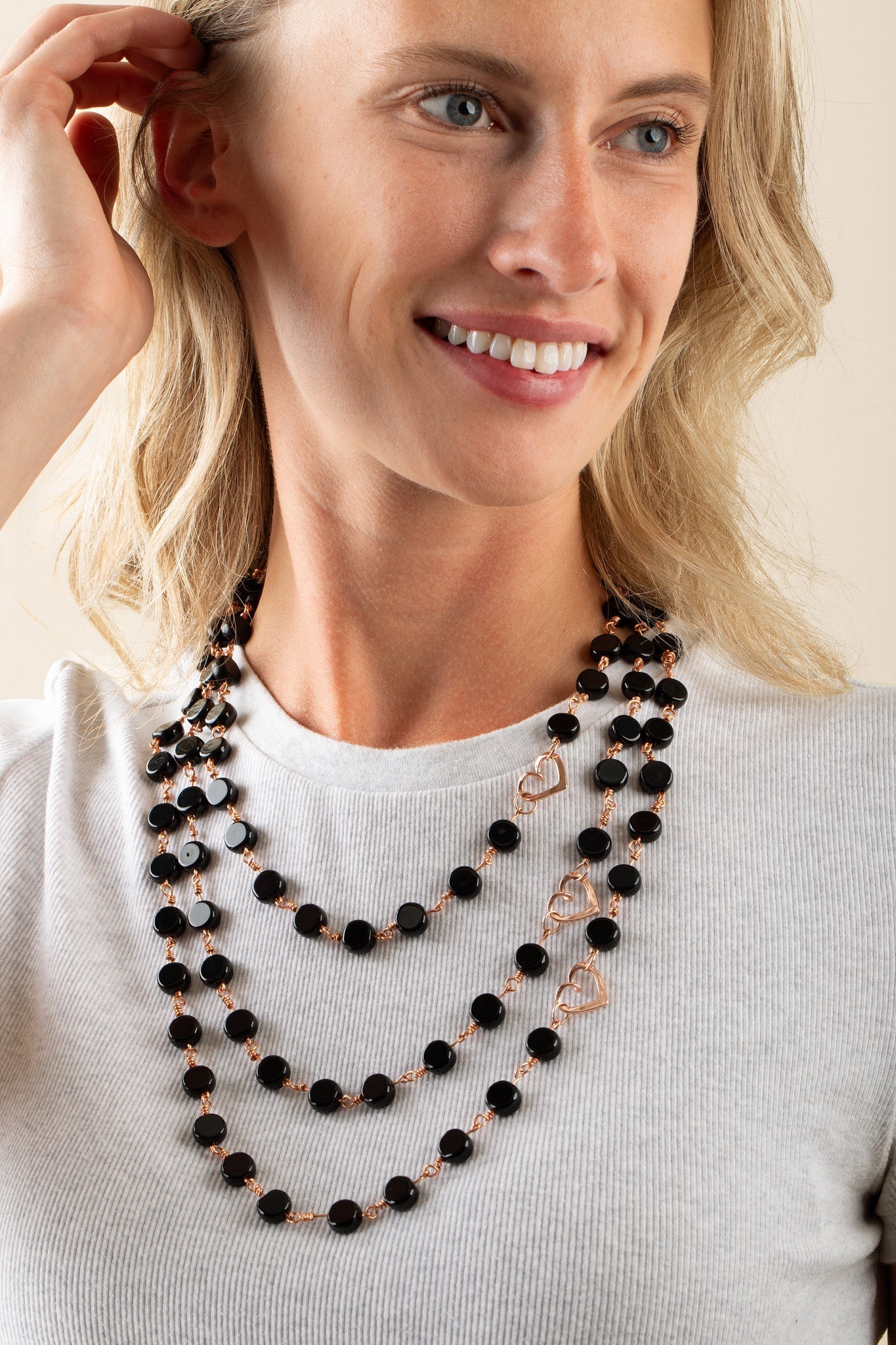 Onyx Black Glass Bead 3-Layer Necklace | Magnetic Clasp