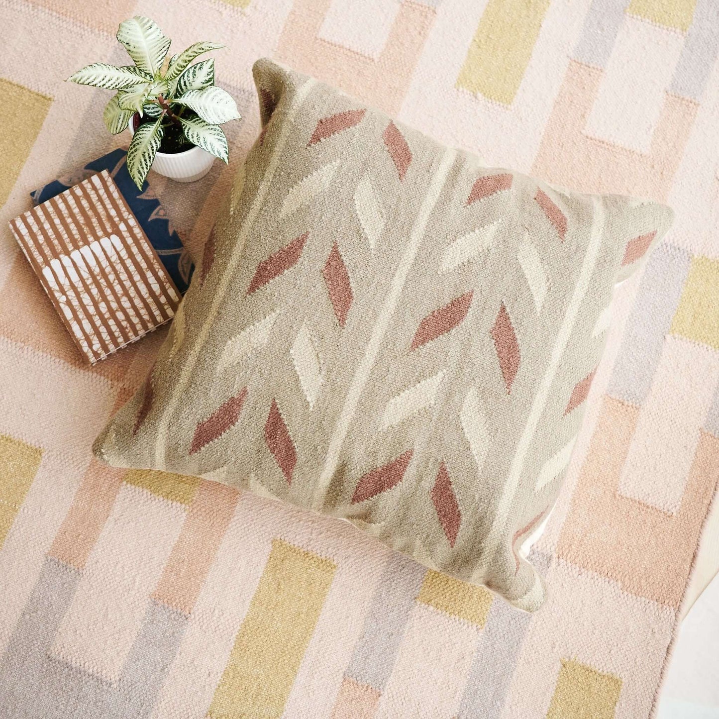 Ero Green Brown Geometric Pattern Hand Woven Large Pillow Cover