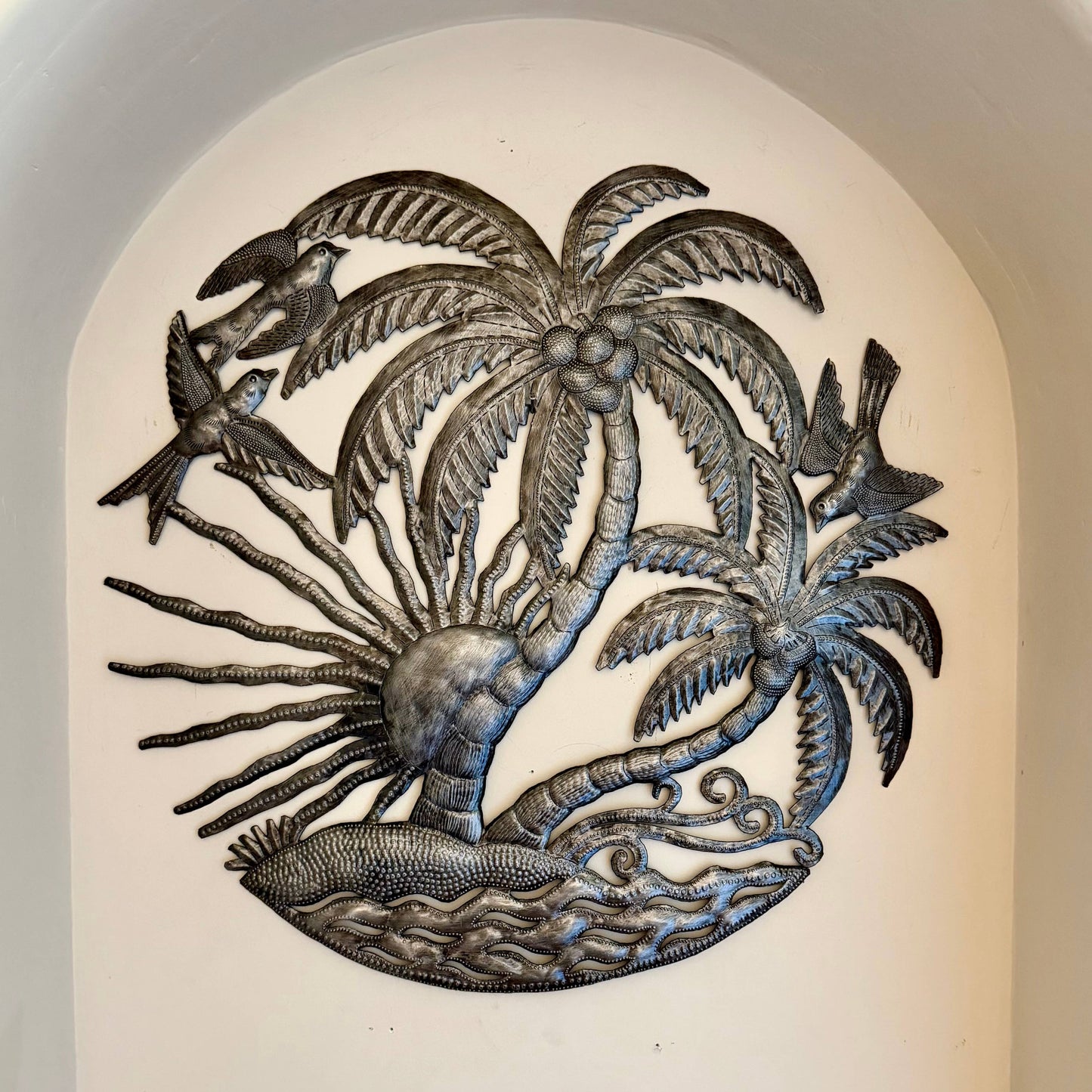 Haitian Tropical Palm Tree Metal Art, Birds Sun Fair Trade